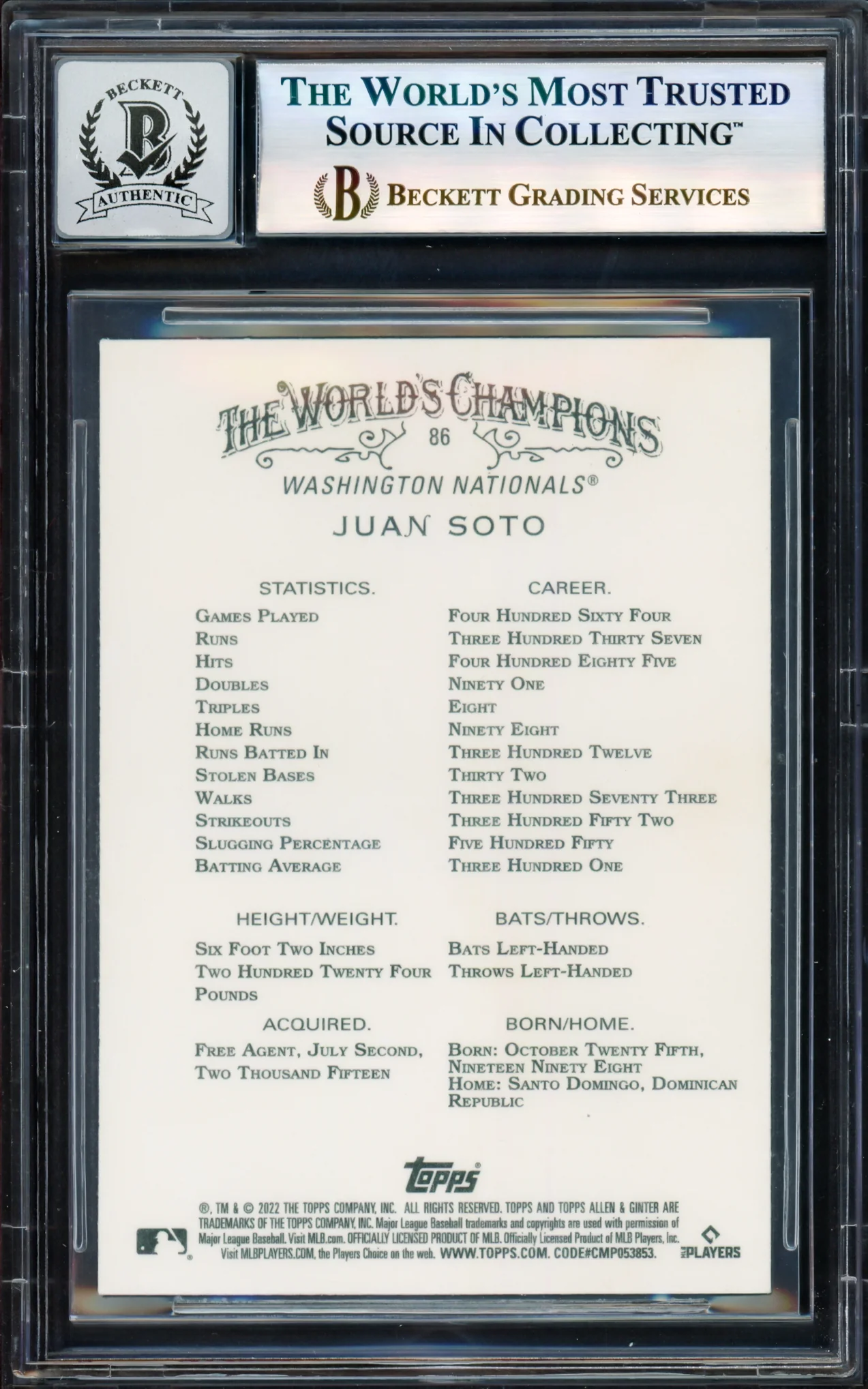 Juan Soto Autographed 2022 Topps Allen & Ginter Card #86 Washington Nationals Auto Grade Gem Mint 10 Beckett BAS #17604946 - Image 2