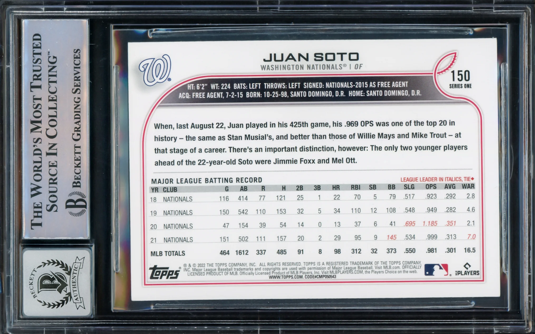Juan Soto Autographed 2022 Topps Card #150 New York Mets Auto Grade Gem Mint 10 Beckett BAS #15774329 - Image 2