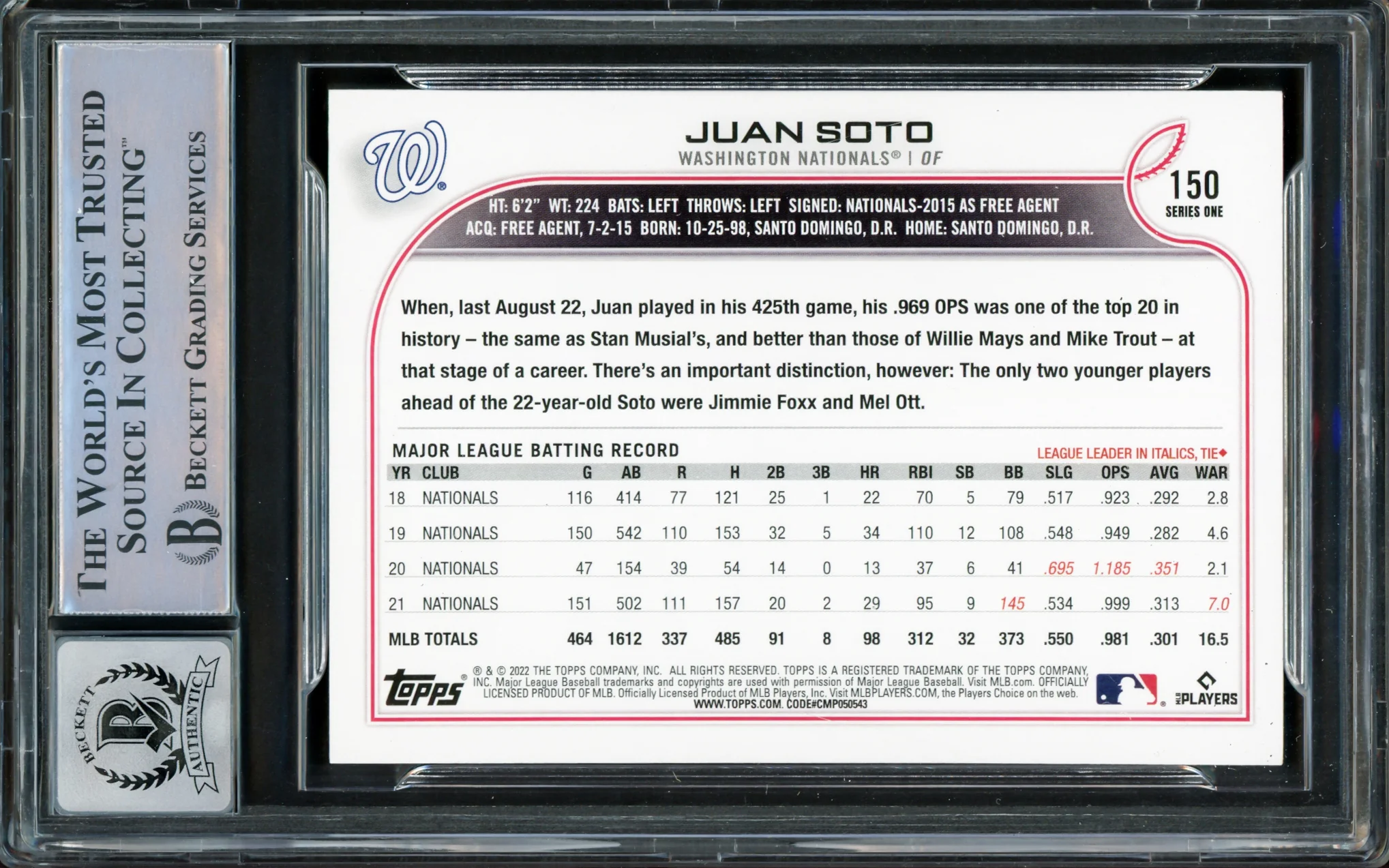 Juan Soto Autographed 2022 Topps Card #150 New York Mets Auto Grade Gem Mint 10 Beckett BAS Stock #218674 - Image 2