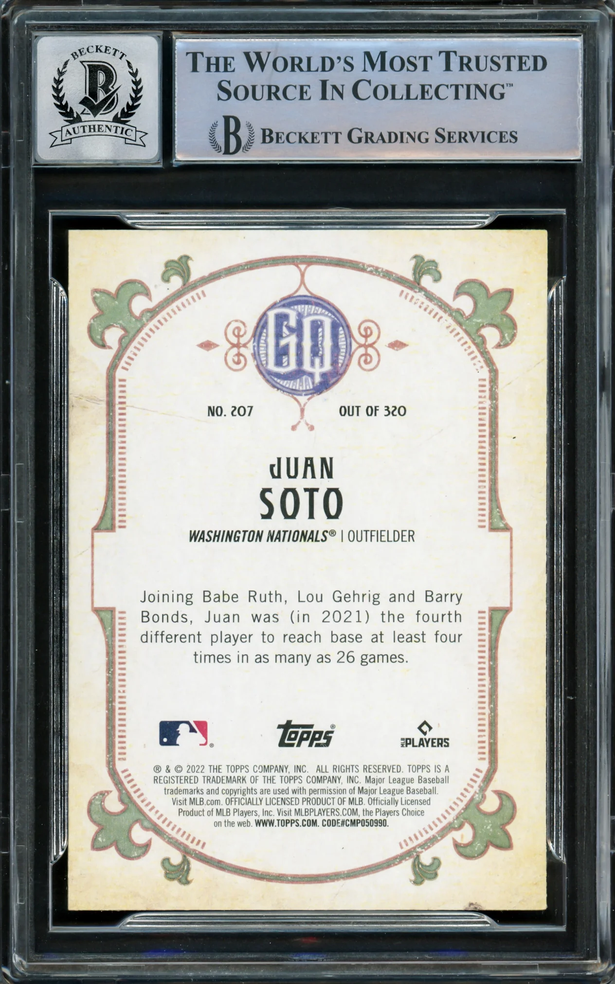 Juan Soto Autographed 2022 Topps Gypsy Queen Card #207 New York Mets Auto Grade Gem Mint 10 Beckett BAS Stock #218675 - Image 2