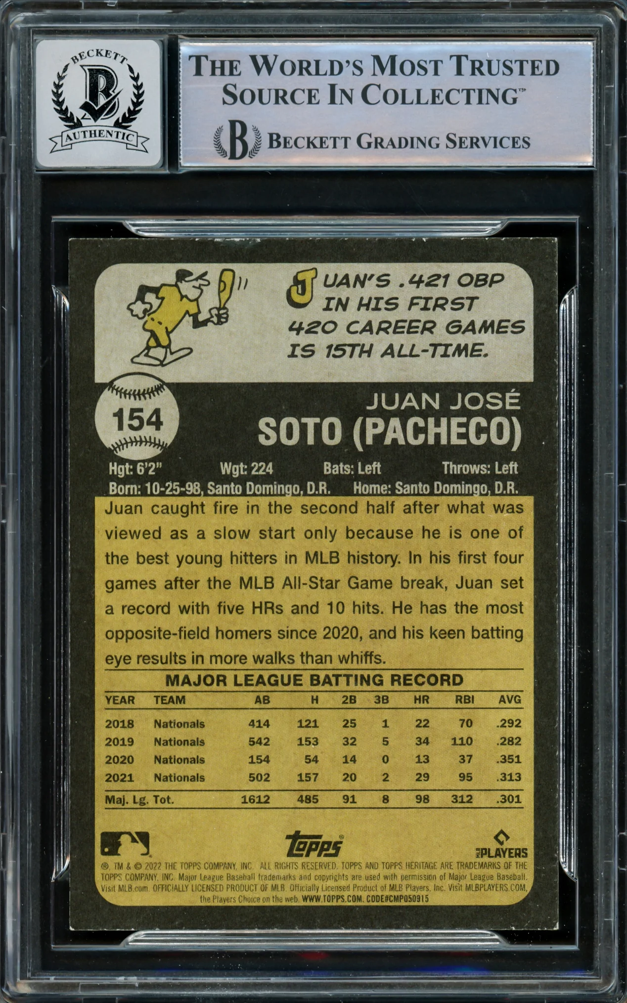 Juan Soto Autographed 2022 Topps Heritage Card #154 New York Mets Auto Grade Gem Mint 10 Beckett BAS Stock #218676 - Image 2