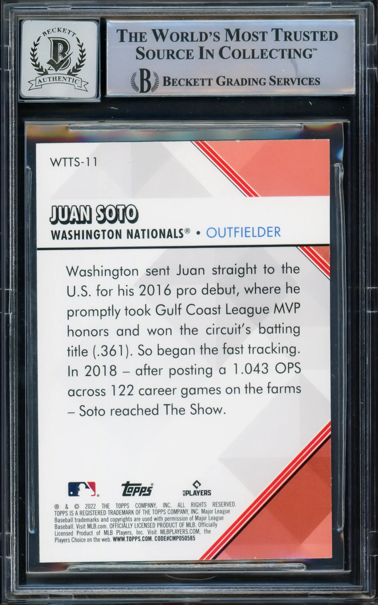 Juan Soto Autographed 2022 Topps Welcome To The Show Card #WTTS-11 New York Mets Auto Grade Gem Mint 10 Beckett BAS #15774328 - Image 2