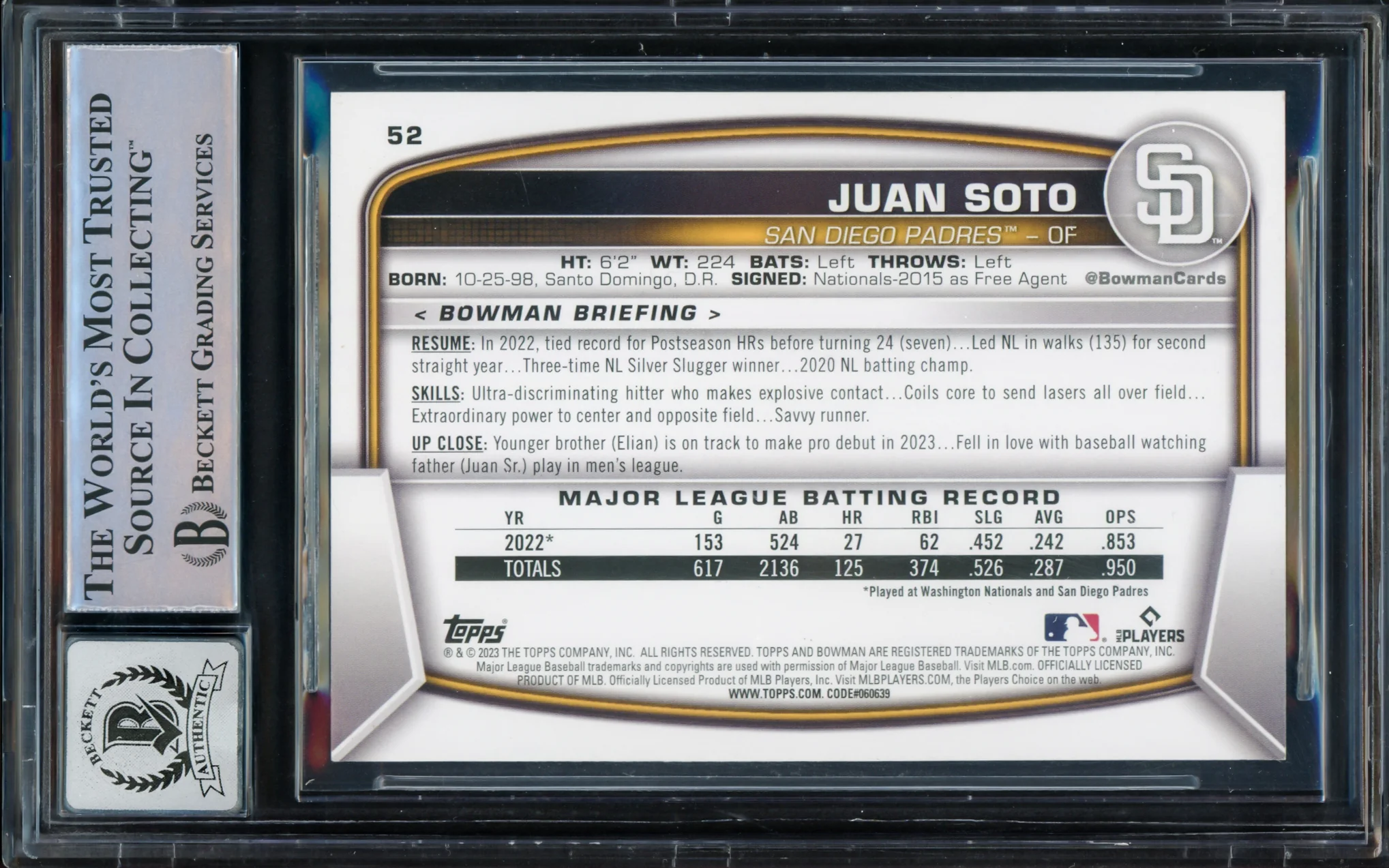 Juan Soto Autographed 2023 Bowman Card #52 New York Mets Auto Grade Gem Mint 10 Beckett BAS Stock #229025 - Image 2