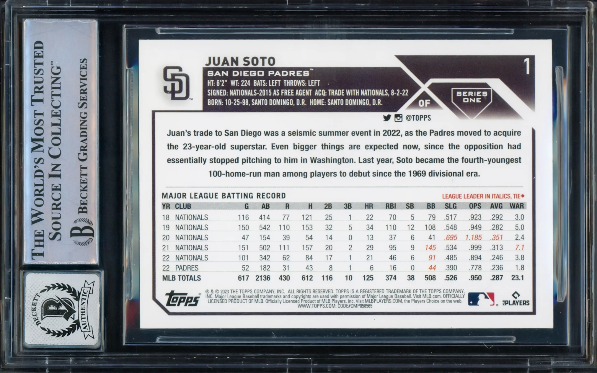Juan Soto Autographed 2023 Topps Card #1 New York Mets Auto Grade Gem Mint 10 Beckett BAS Stock #229026 - Image 2