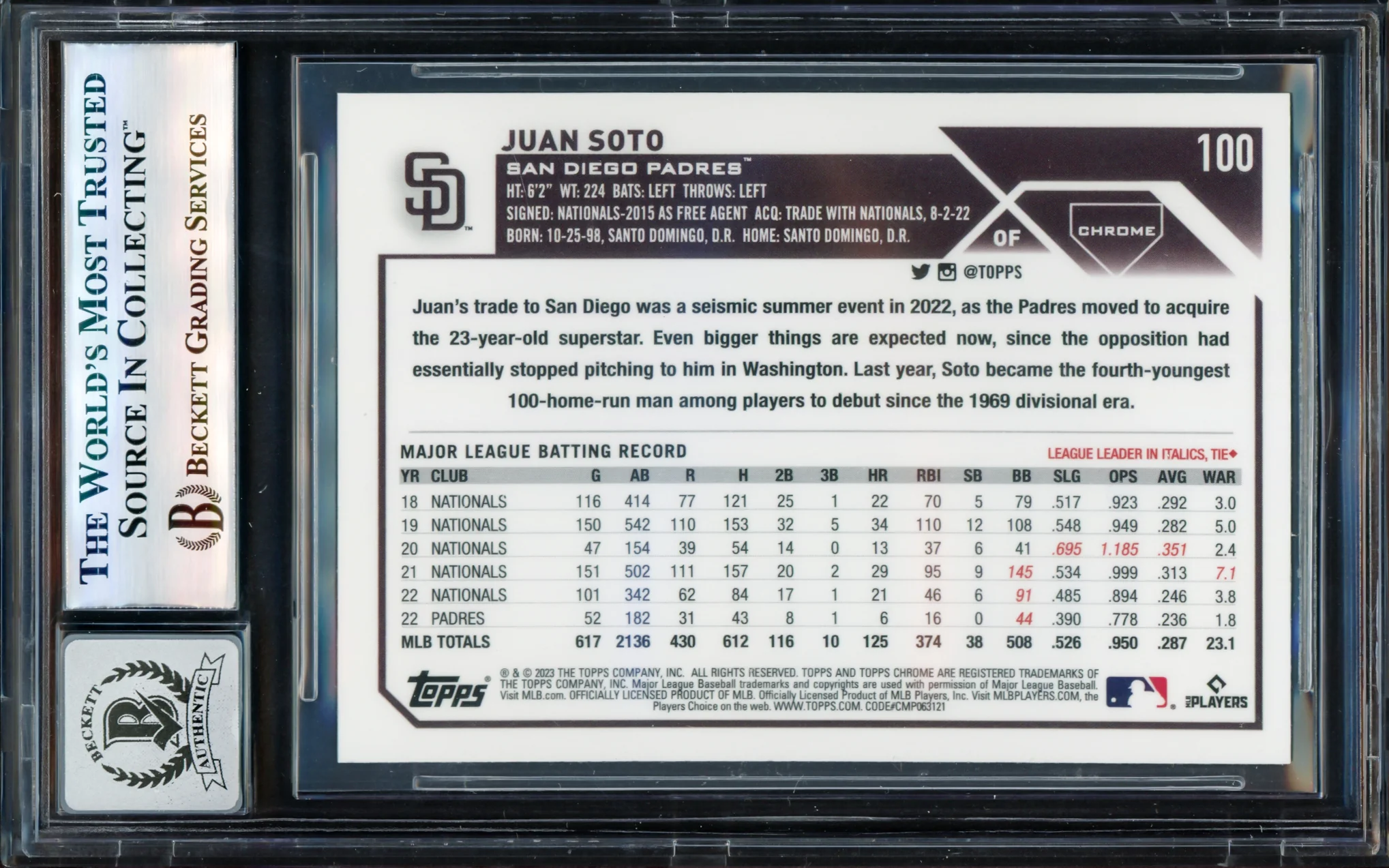 Juan Soto Autographed 2023 Topps Chrome Card #100 San Diego Padres Auto Grade Gem Mint 10 Beckett BAS #17604025 - Image 2