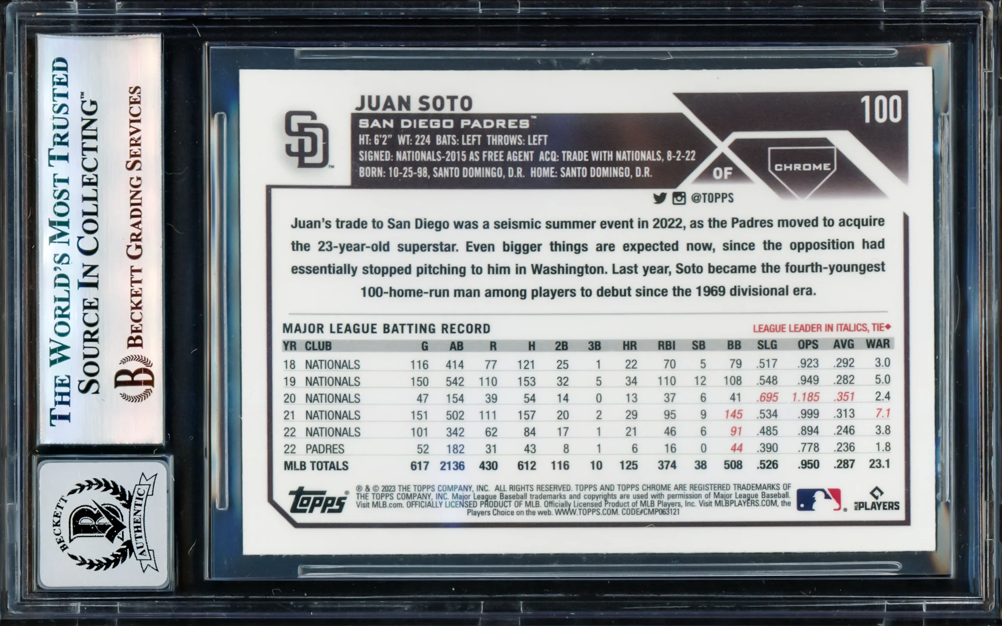 Juan Soto Autographed 2023 Topps Chrome Card #100 San Diego Padres Auto Grade Gem Mint 10 Beckett BAS #17604026 - Image 2