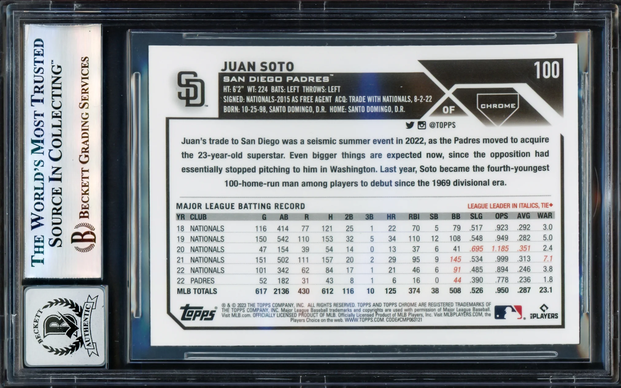 Juan Soto Autographed 2023 Topps Chrome Prism Refractor Card #100 San Diego Padres Auto Grade Gem Mint 10 Beckett BAS #17605041 - Image 2