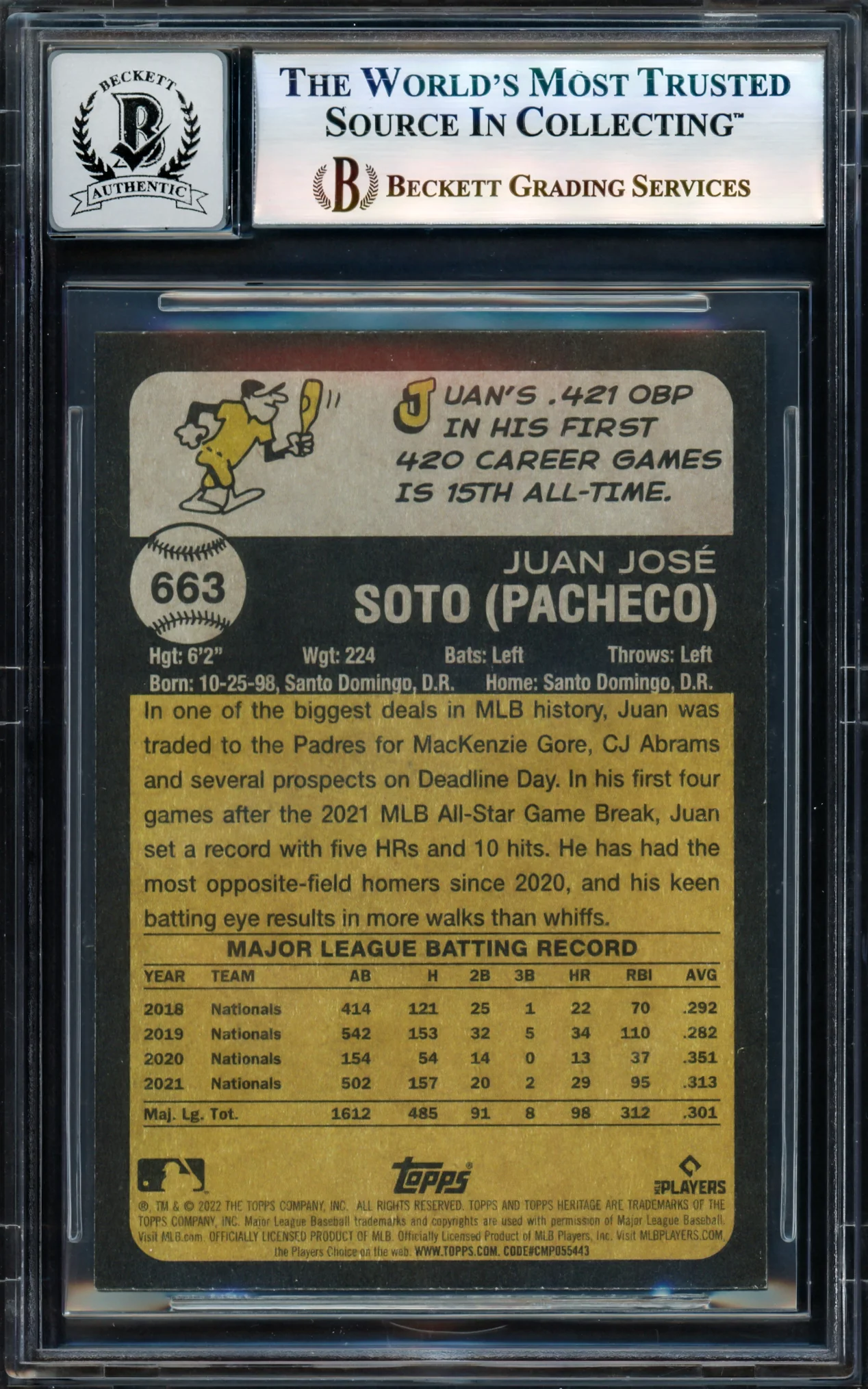 Juan Soto Autographed 2023 Topps Heritage Card #663 San Diego Padres Auto Grade Gem Mint 10 Beckett BAS #17604975 - Image 2