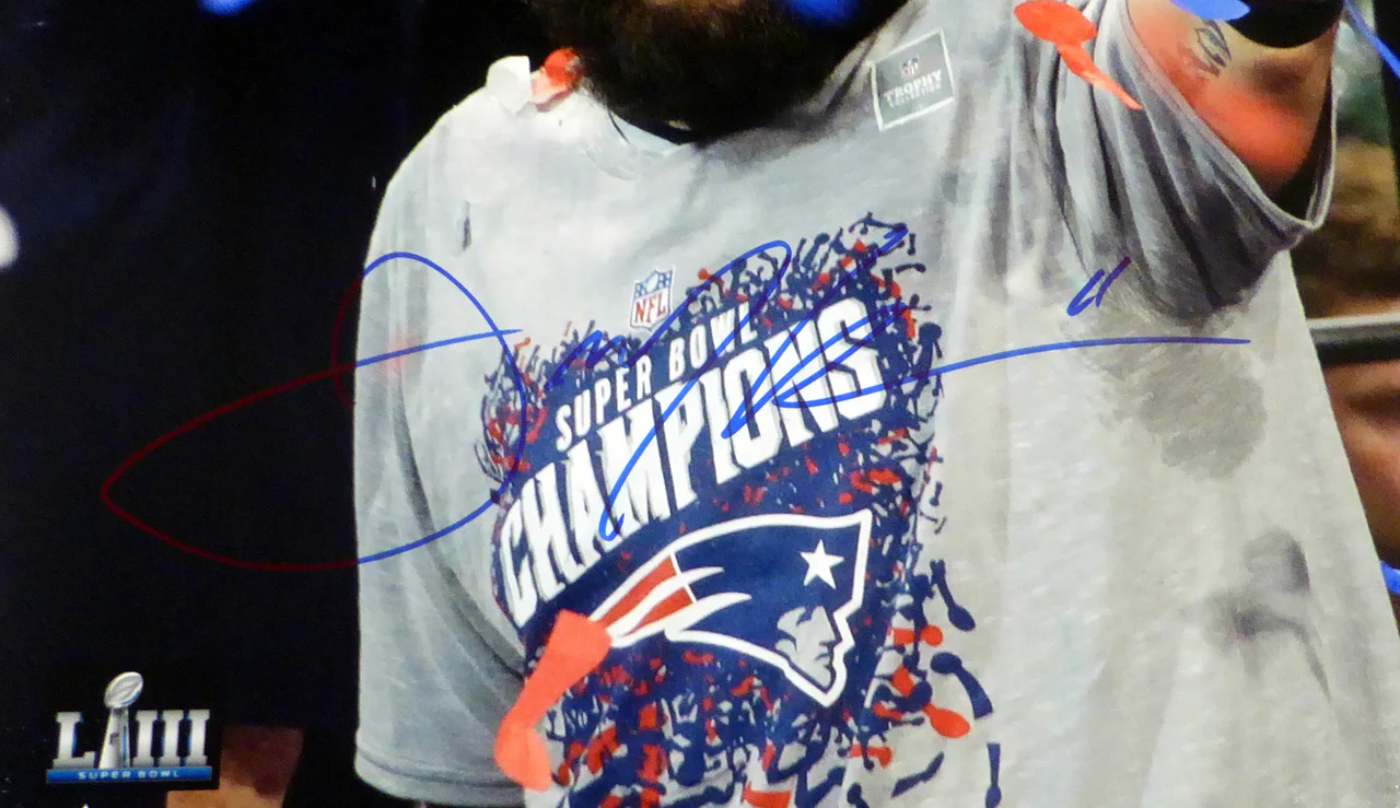 Julian Edelman Autographed 16x20 Photo New England Patriots Super Bowl LIII Trophy Beckett BAS Stock #147920 - Image 2