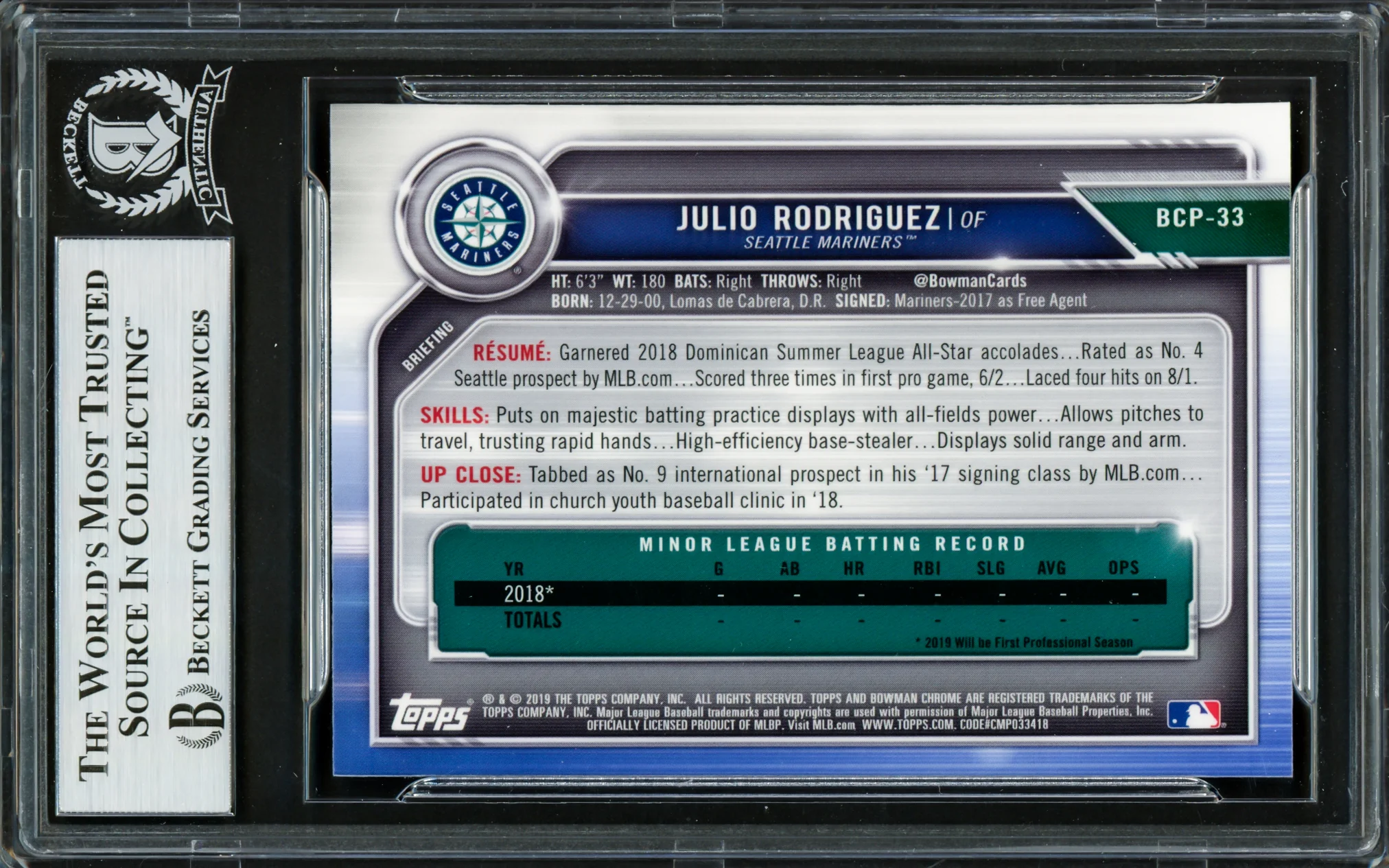 Julio Rodriguez Autographed 2019 1st Bowman Chrome Mega Refractor Rookie Card #BCP33 Seattle Mariners Beckett BAS #16705899 - Image 2