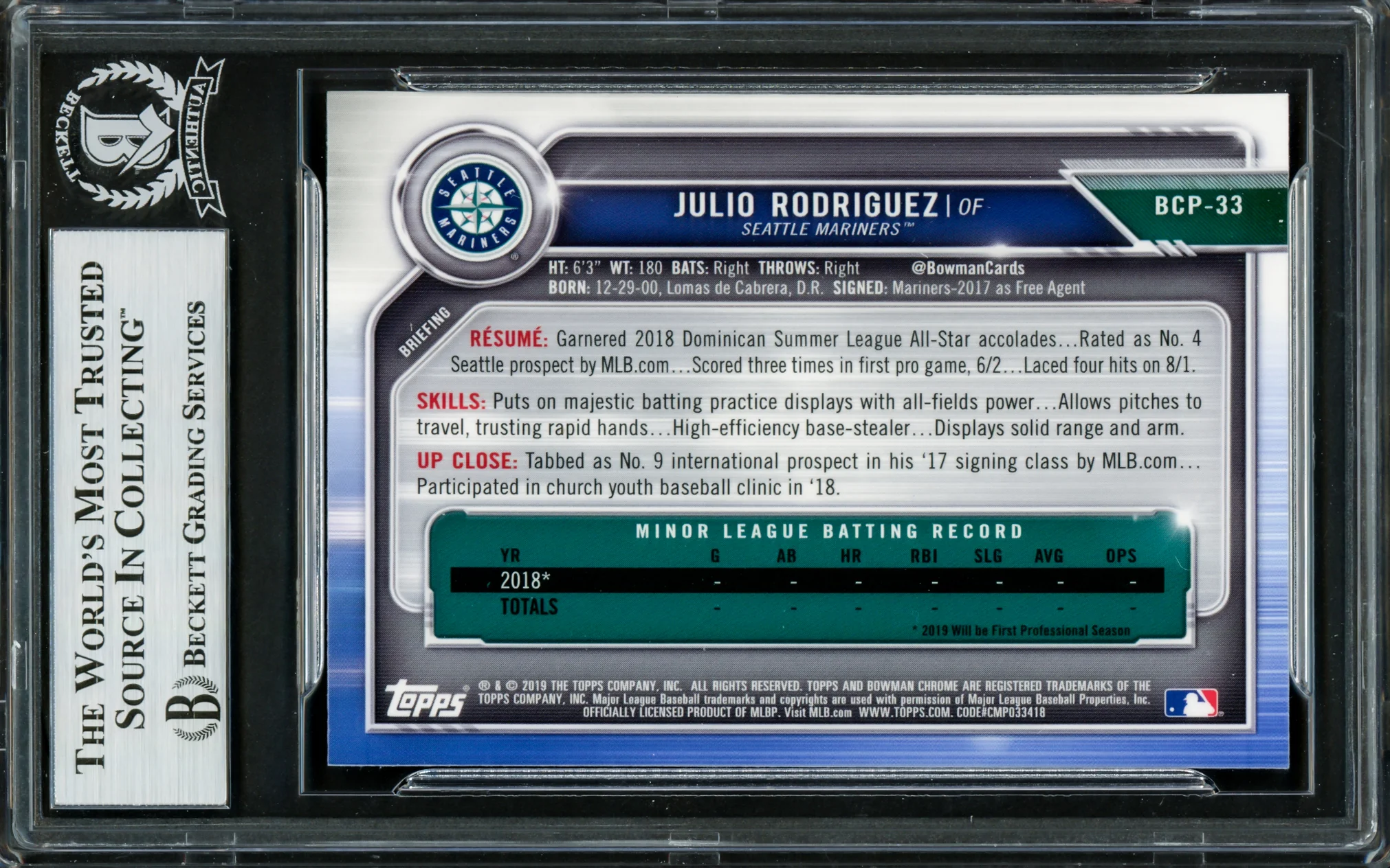 Julio Rodriguez Autographed 2019 1st Bowman Chrome Mega Refractor Rookie Card #BCP33 Seattle Mariners Beckett BAS #16705901 - Image 2