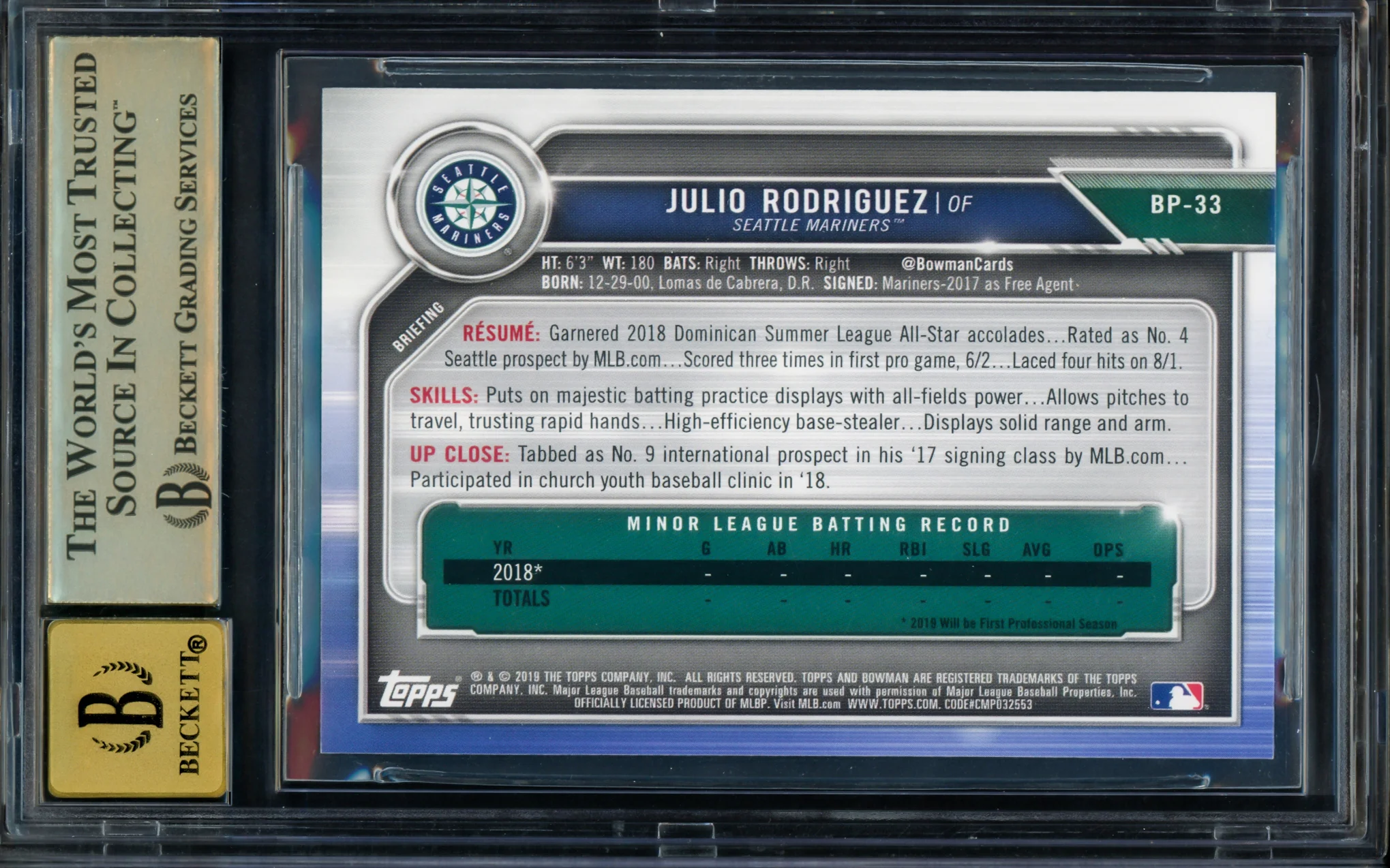 Julio Rodriguez Autographed 2019 1st Bowman Paper Rookie Card #BP33 Seattle Mariners BGS 9.5 Auto Grade Gem Mint 10 Beckett BAS Stock #211840 - Image 2