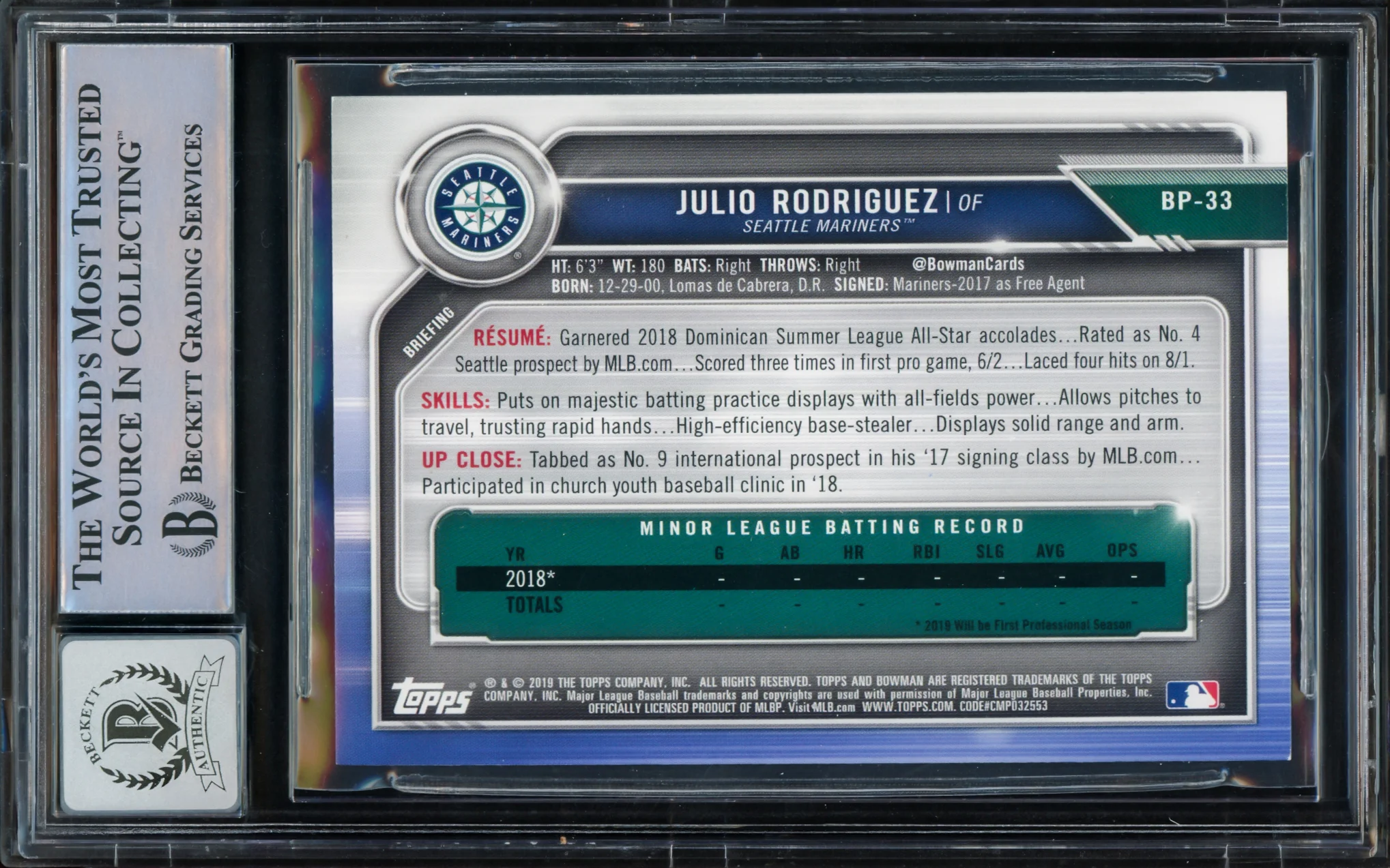 Julio Rodriguez Autographed 2019 1st Bowman Prospects Rookie Card #BP-33 Seattle Mariners Auto Grade Gem Mint 10 Beckett BAS Stock #216707 - Image 2