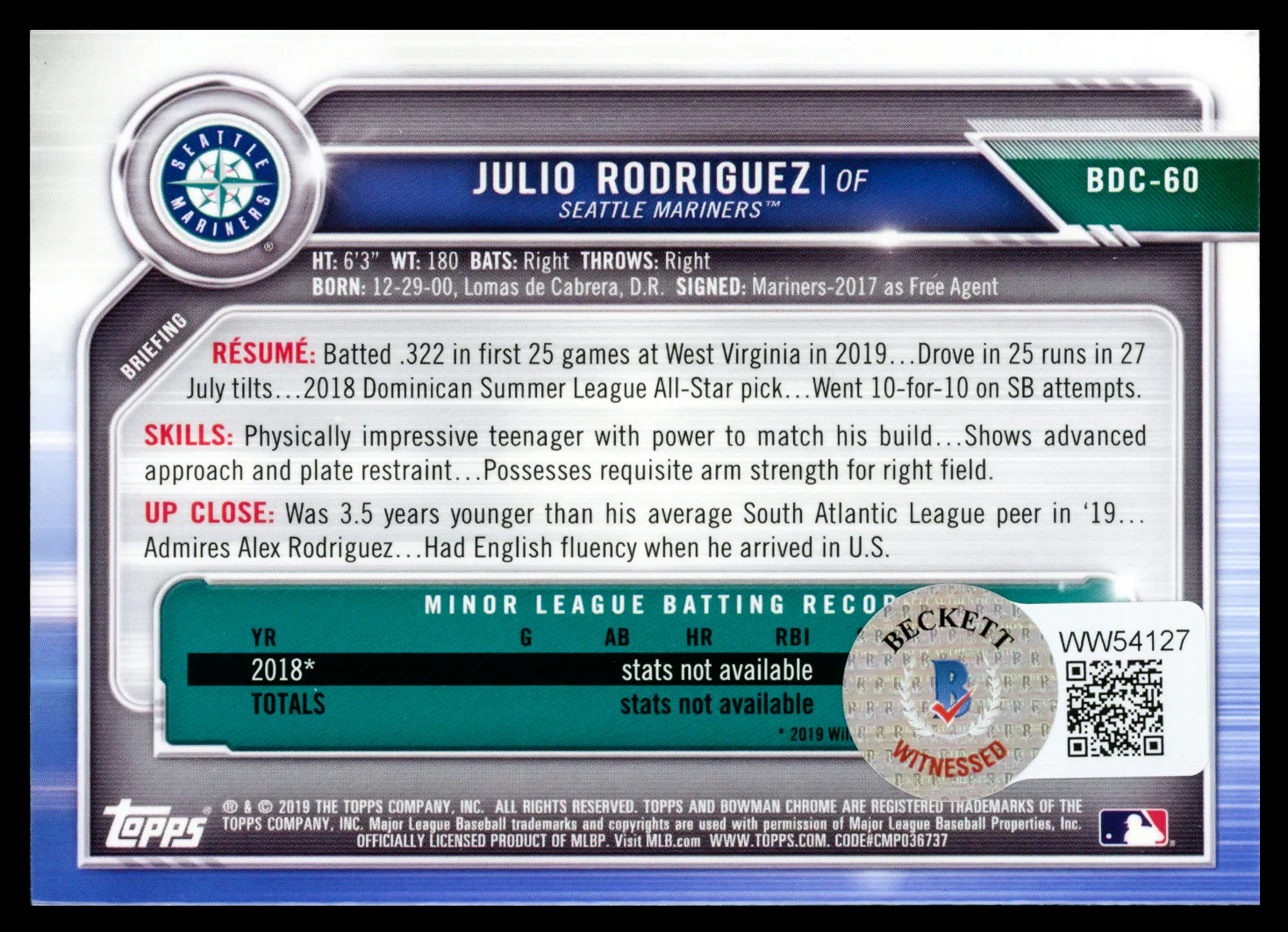 Julio Rodriguez Autographed 2019 Bowman Chrome Draft Card Seattle Mariners "JROD Show" Beckett BAS Witness #WW54127 - Image 2