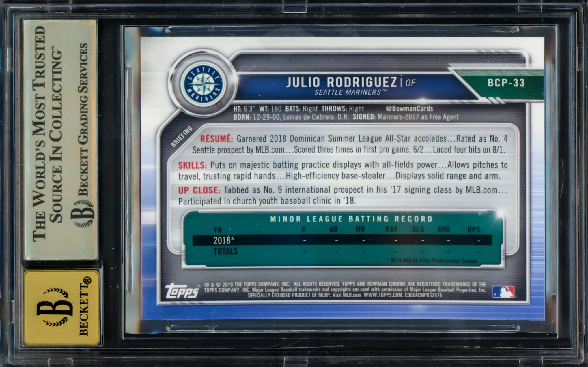 Julio Rodriguez Autographed 2019 Bowman Chrome Prospects 1st Bowman Rookie Card #BCP33 Seattle Mariners BGS 9.5 Auto Grade Gem Mint 10 Beckett BAS #15265557 - Image 2