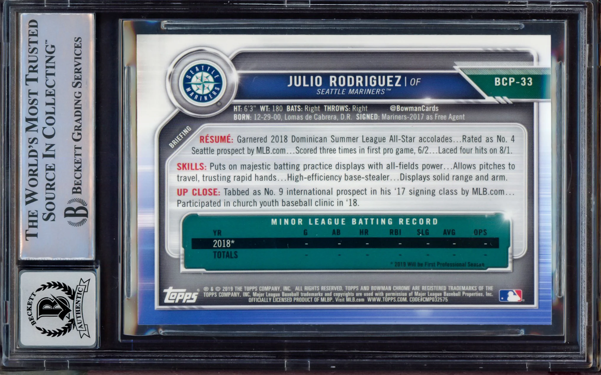 Julio Rodriguez Autographed 2019 Bowman Chrome Prospects Rookie Card #BCP33 Seattle Mariners BGS 9 Auto Grade Near Mint/Mint 8 Beckett BAS #15467837 - Image 2