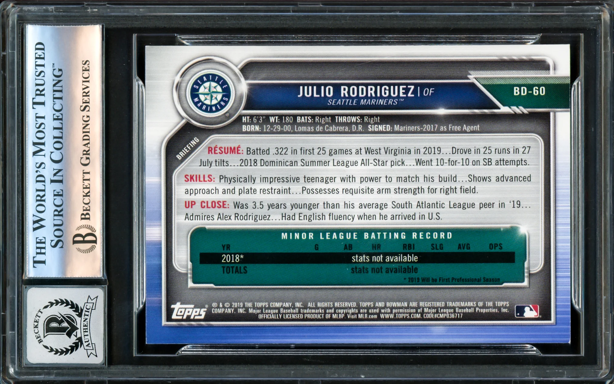 Julio Rodriguez Autographed 2019 Bowman Draft Rookie Card #BD60 Seattle Mariners Auto Grade Gem Mint 10 Beckett BAS Stock #220784 - Image 2