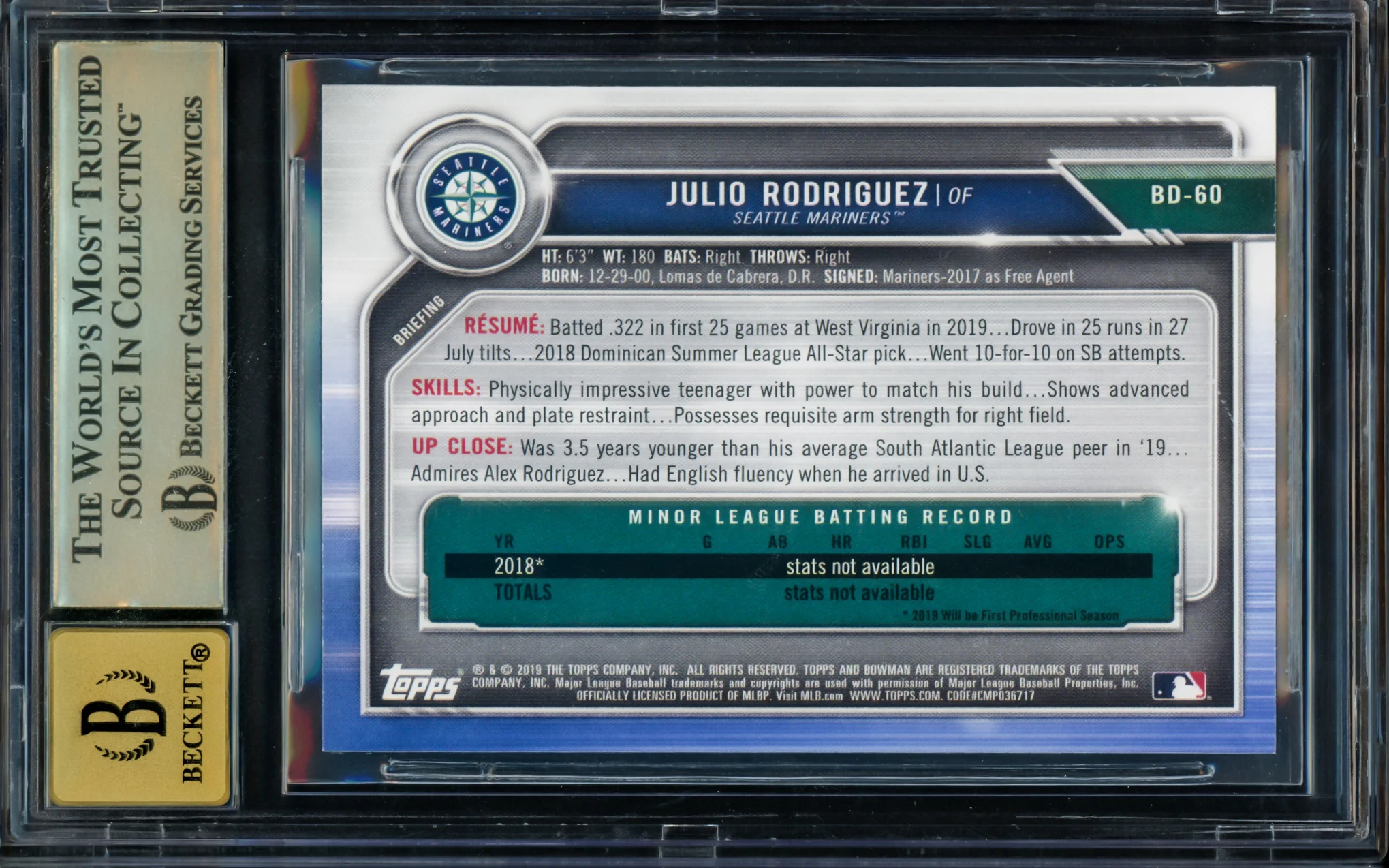 Julio Rodriguez Autographed 2019 Bowman Draft Rookie Card #BD60 Seattle Mariners BGS 9.5 Auto Grade Gem Mint 10 Beckett BAS Stock #211844 - Image 2