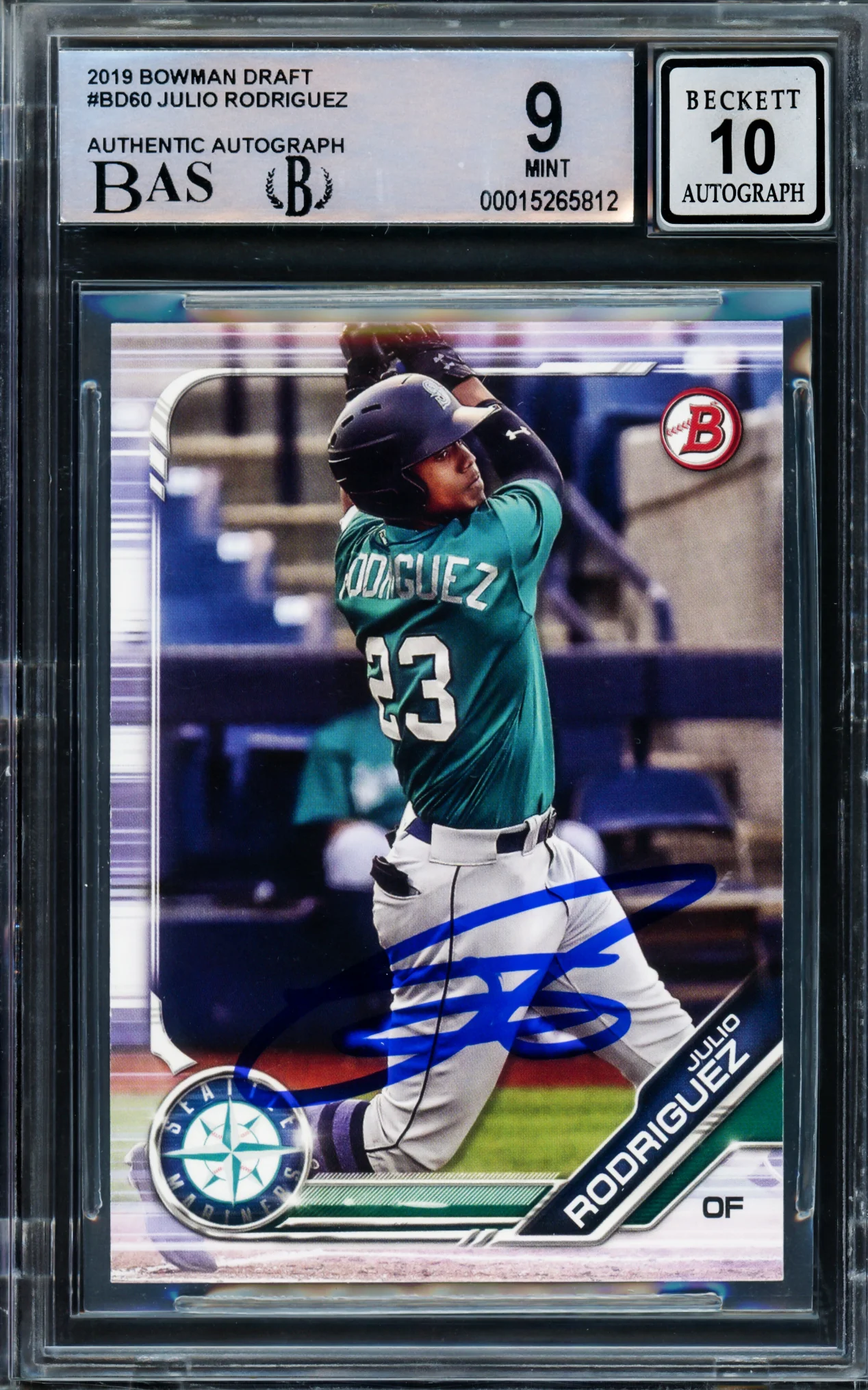Julio Rodriguez Autographed 2019 Bowman Draft Rookie Card #BD60 Seattle Mariners BGS 9 Auto Grade Gem Mint 10 Beckett BAS Stock #211845