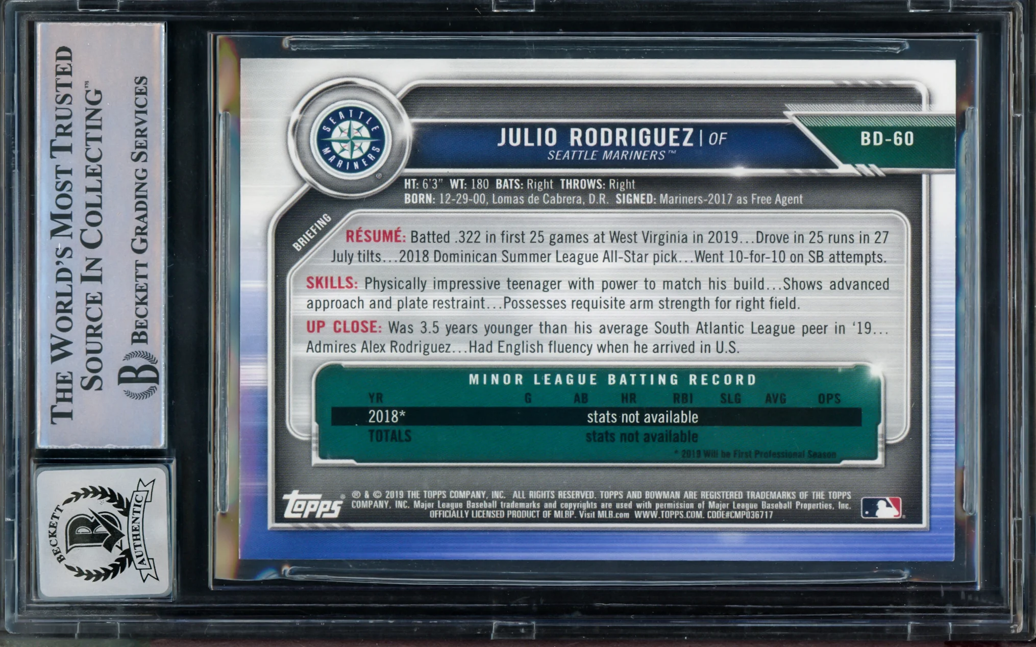 Julio Rodriguez Autographed 2019 Bowman Draft Rookie Card #BD60 Seattle Mariners BGS 9 Auto Grade Gem Mint 10 Beckett BAS Stock #211845 - Image 2