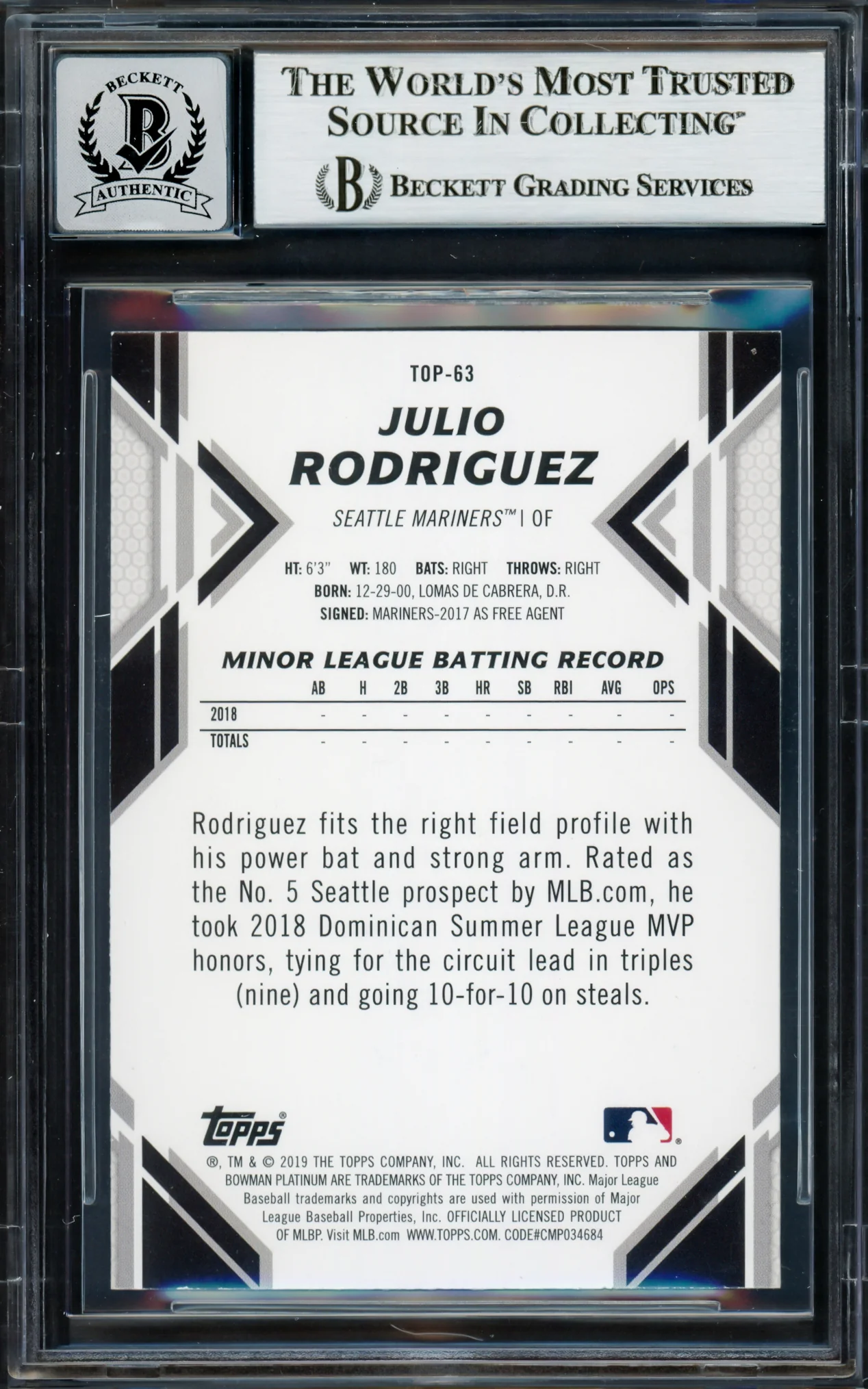 Julio Rodriguez Autographed 2019 Bowman Platinum Rookie Card #TOP63 Seattle Mariners Auto Grade Gem Mint 10 Beckett BAS #17037799 - Image 2
