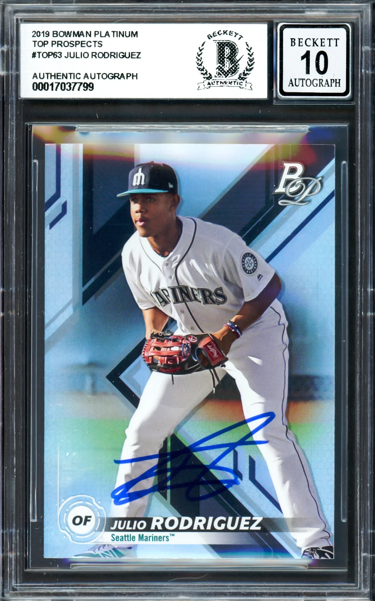 Julio Rodriguez Autographed 2019 Bowman Platinum Rookie Card #TOP63 Seattle Mariners Auto Grade Gem Mint 10 Beckett BAS #17037799 - Image 3
