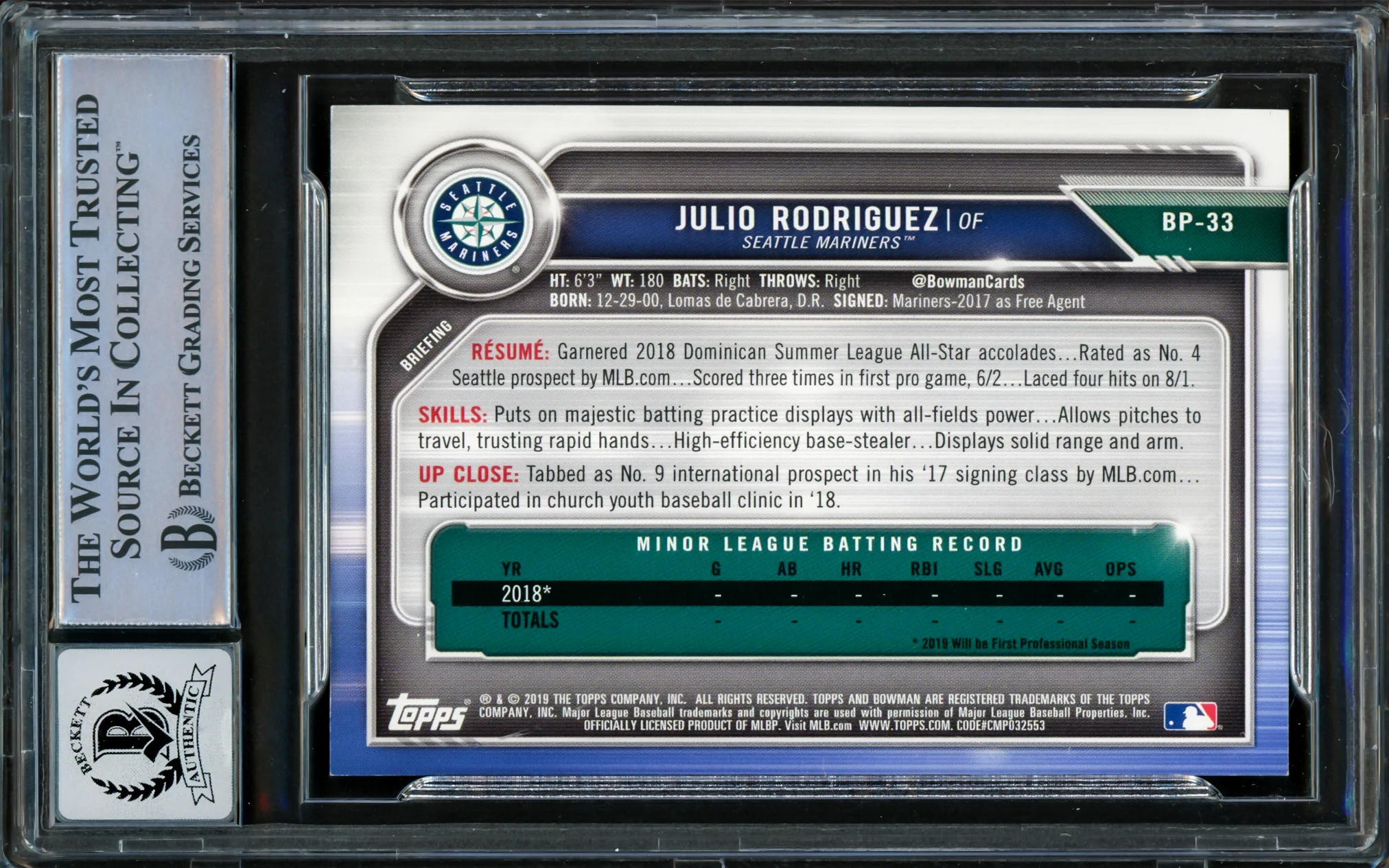 Julio Rodriguez Autographed 2019 Bowman Prospects Sky Blue Rookie Card #BP33 Seattle Mariners Auto Grade Gem Mint 10 #30/499 Beckett BAS #16339147 - Image 2