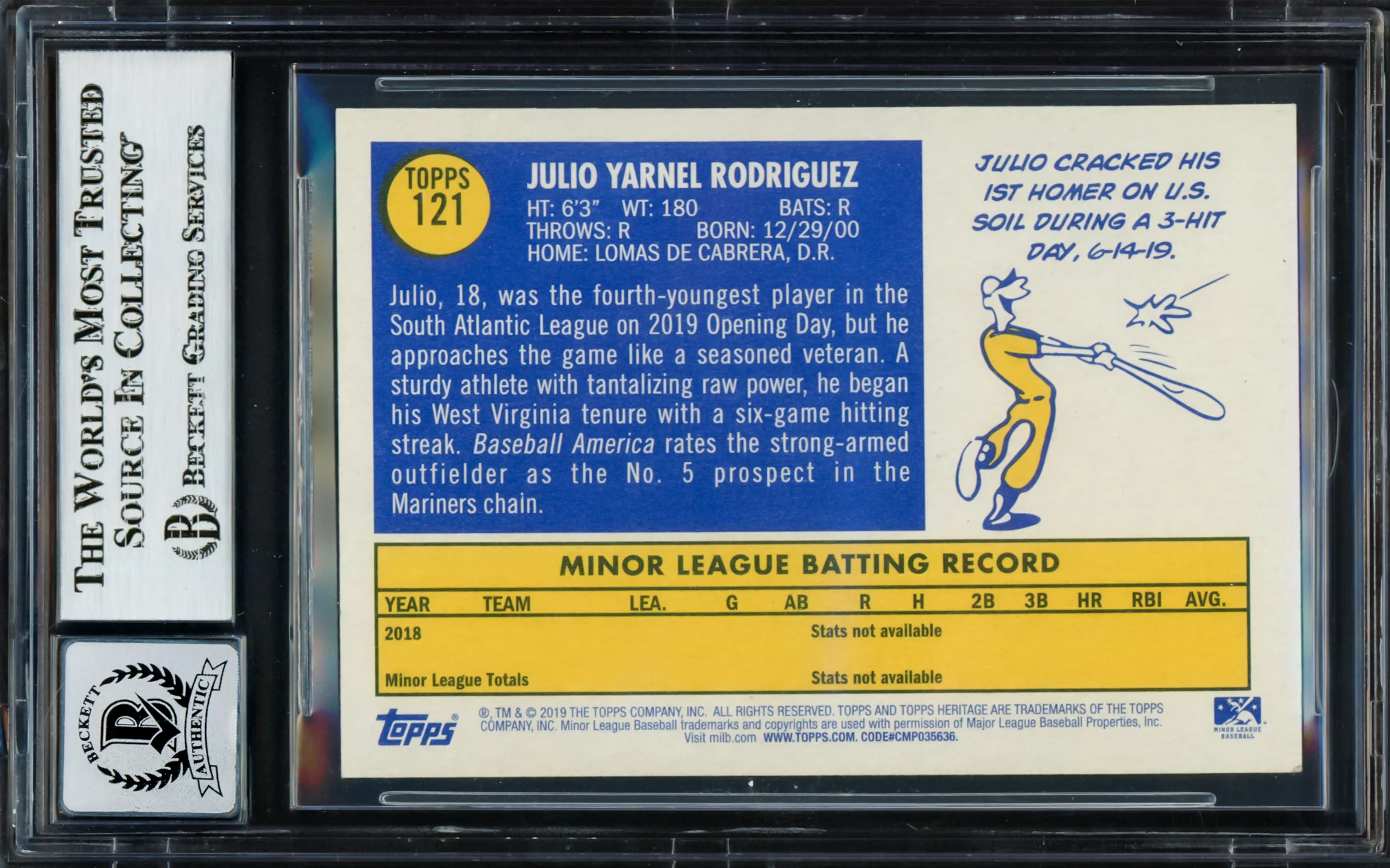 Julio Rodriguez Autographed 2019 Topps Heritage Minors Rookie Card #121 Seattle Mariners Auto Grade Gem Mint 10 Beckett BAS #17037793 - Image 2
