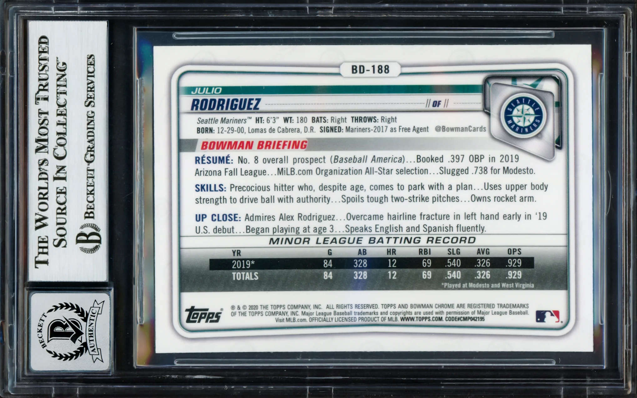 Julio Rodriguez Autographed 2020 Bowman Chrome Draft Rookie Card #BD188 Seattle Mariners Auto Grade Gem Mint 10 Beckett BAS #17037783 - Image 2