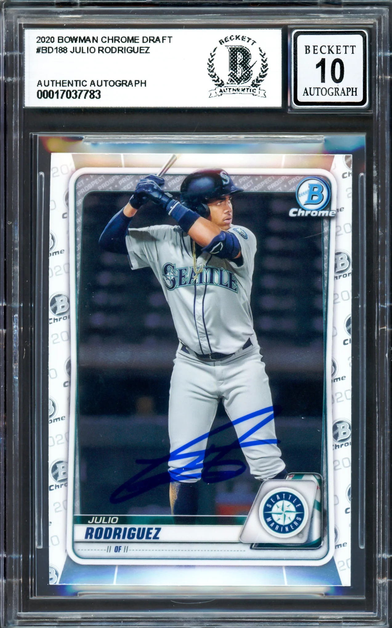Julio Rodriguez Autographed 2020 Bowman Chrome Draft Rookie Card #BD188 Seattle Mariners Auto Grade Gem Mint 10 Beckett BAS #17037783 - Image 3