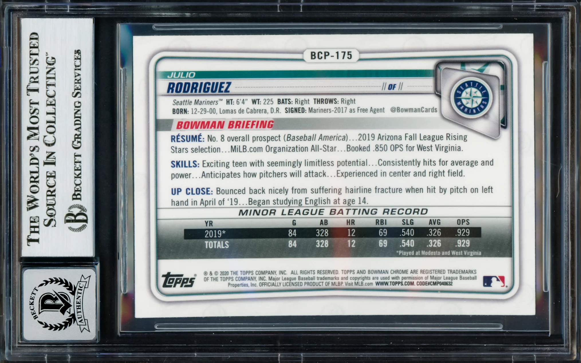 Julio Rodriguez Autographed 2020 Bowman Chrome Rookie Card #BCP175 Seattle Mariners Auto Grade Gem Mint 10 Beckett BAS #17037508 - Image 4
