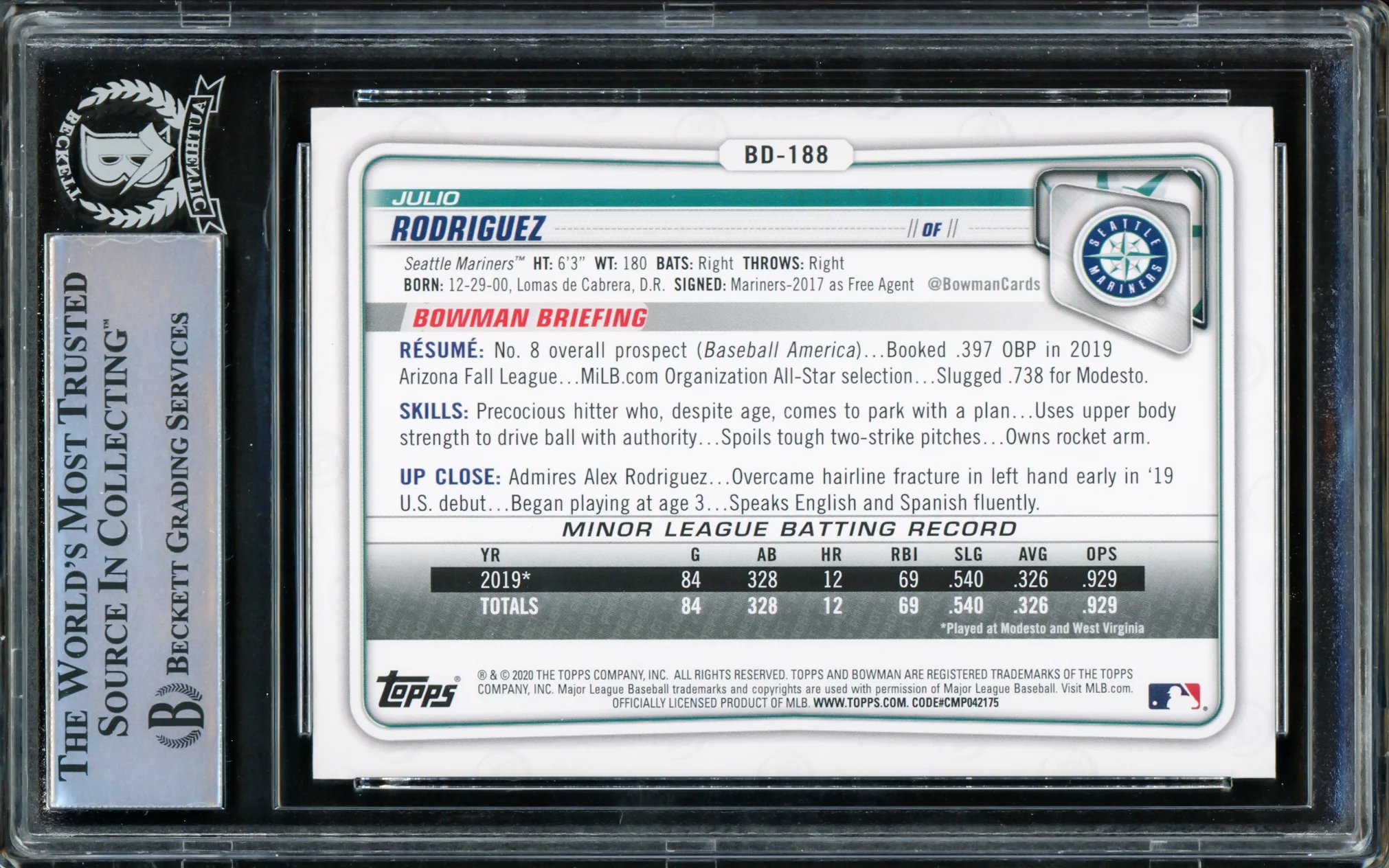 Julio Rodriguez Autographed 2020 Bowman Draft Rookie Card #BD188 Seattle Mariners Beckett BAS #15781204 - Image 2