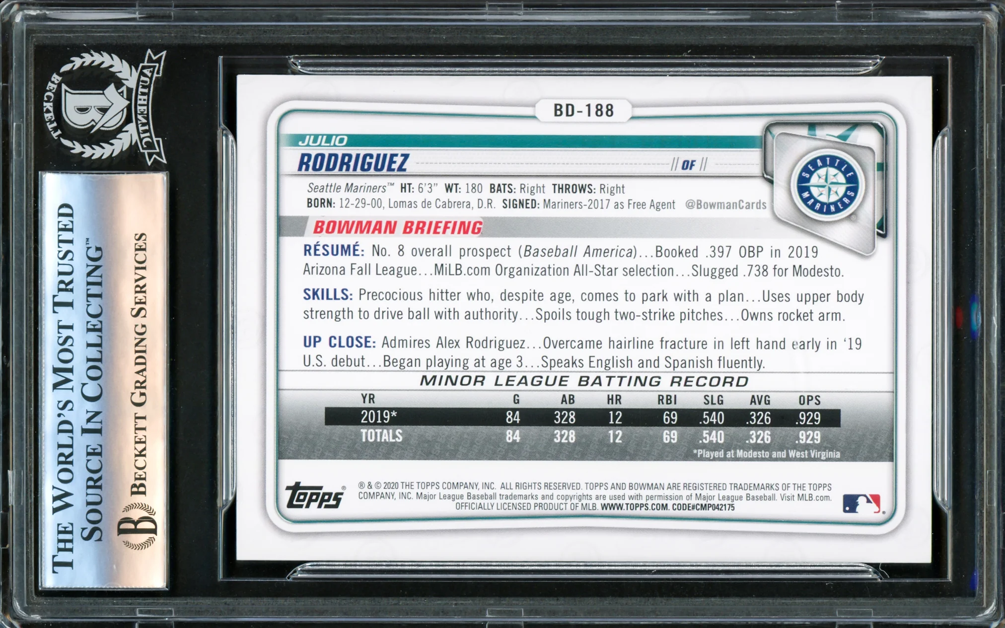 Julio Rodriguez Autographed 2020 Bowman Draft Rookie Card #BD188 Seattle Mariners Beckett BAS Stock #221210 - Image 2