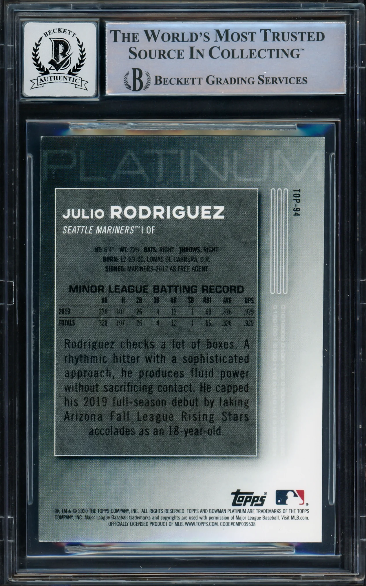Julio Rodriguez Autographed 2020 Bowman Platinum Top Prospects Rookie Card #TOP94 Seattle Mariners Auto Grade Gem Mint 10 Beckett BAS Stock #229014 - Image 2
