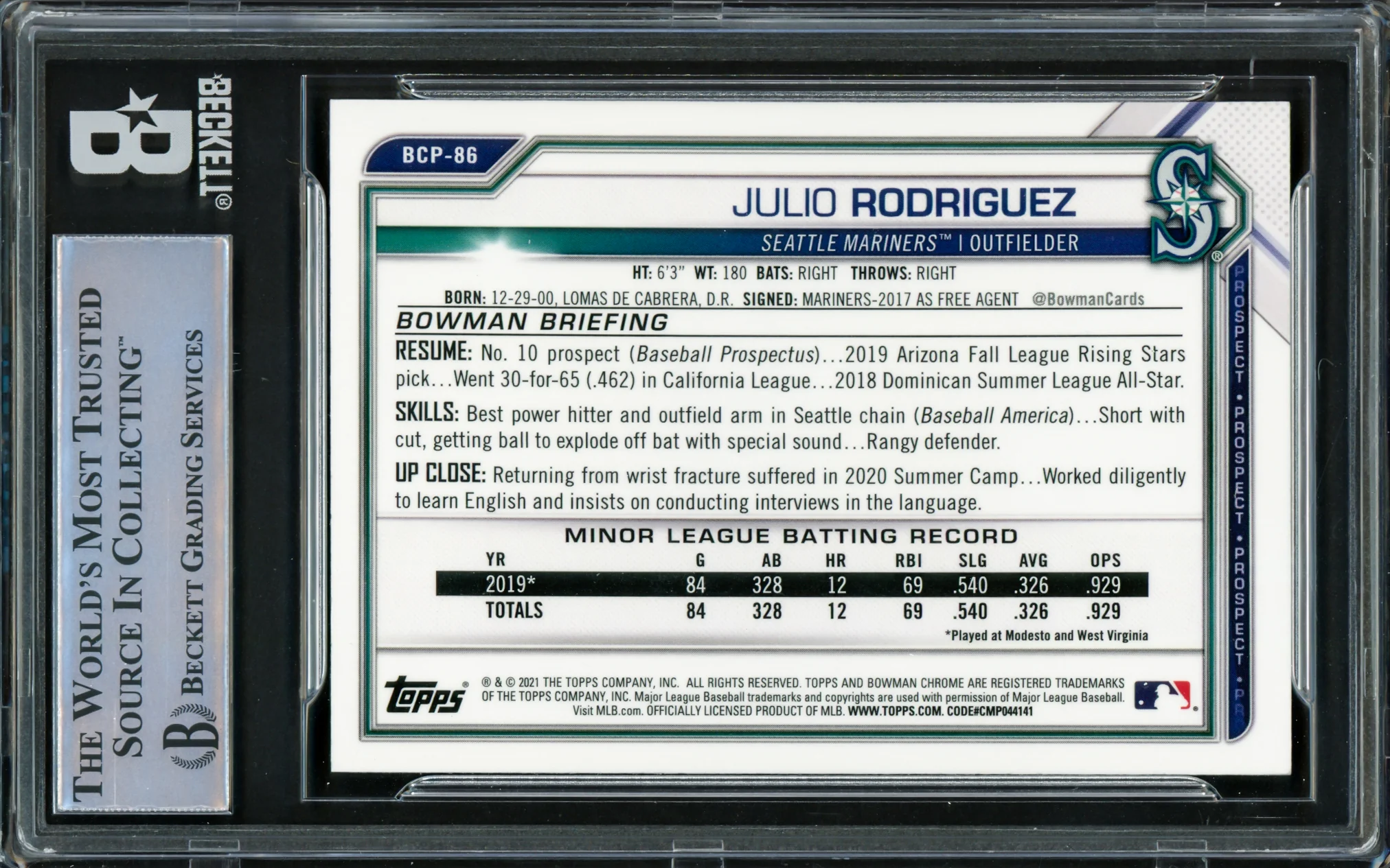 Julio Rodriguez Autographed 2021 Bowman Chrome Card #BCP86 Seattle Mariners Beckett BAS #16545725 - Image 2