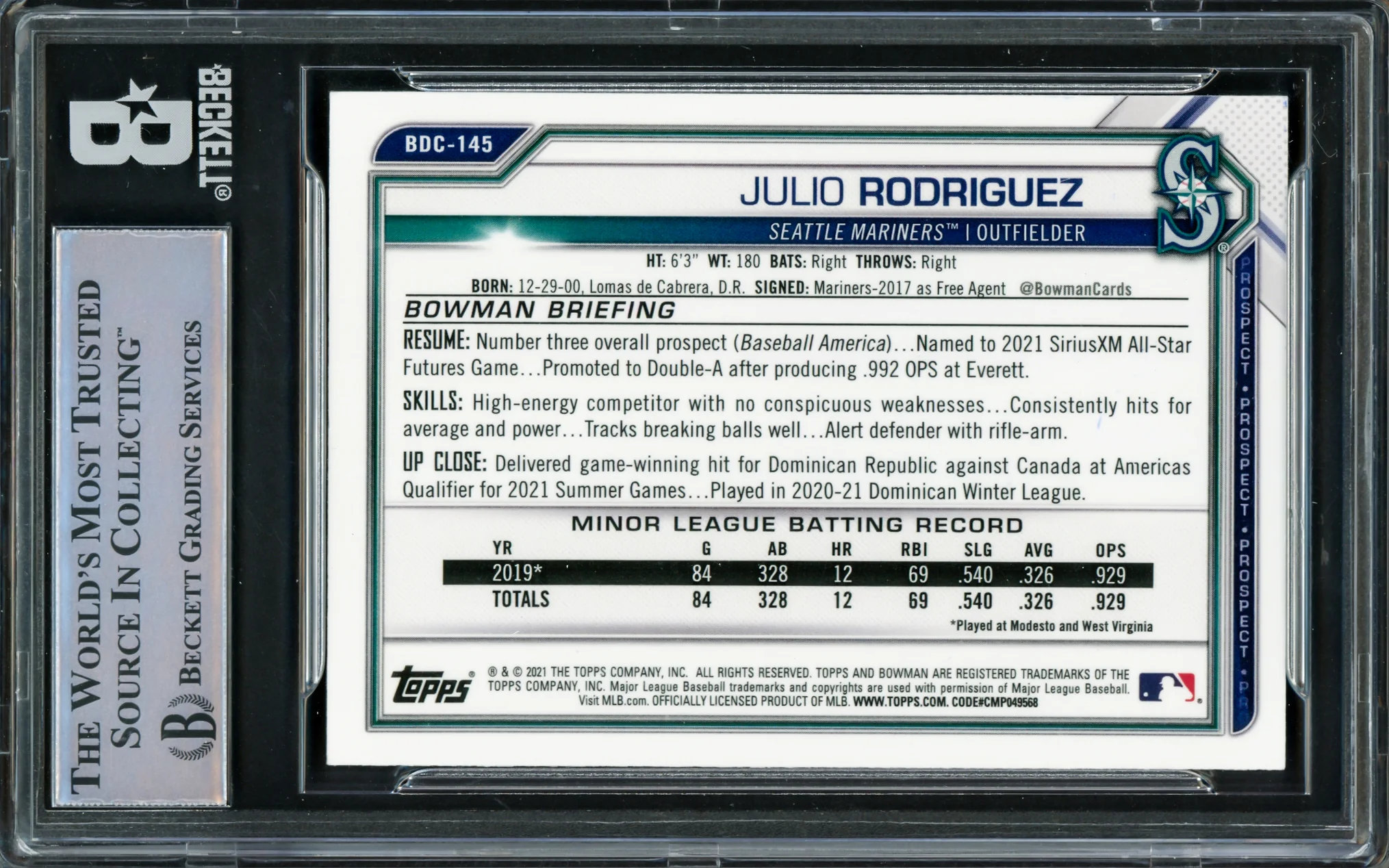 Julio Rodriguez Autographed 2021 Bowman Chrome Draft Card #BDC145 Seattle Mariners Beckett BAS #16545720 - Image 2