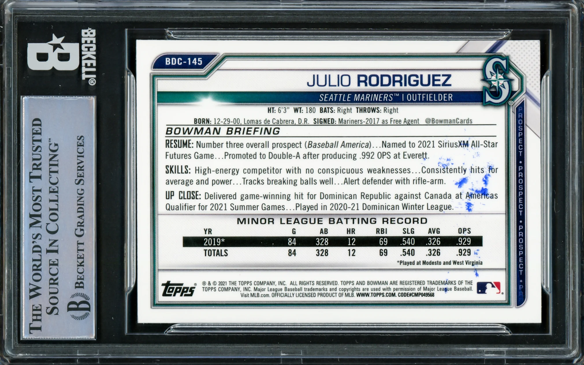 Julio Rodriguez Autographed 2021 Bowman Chrome Draft Card #BDC145 Seattle Mariners Beckett BAS #16545722 - Image 2