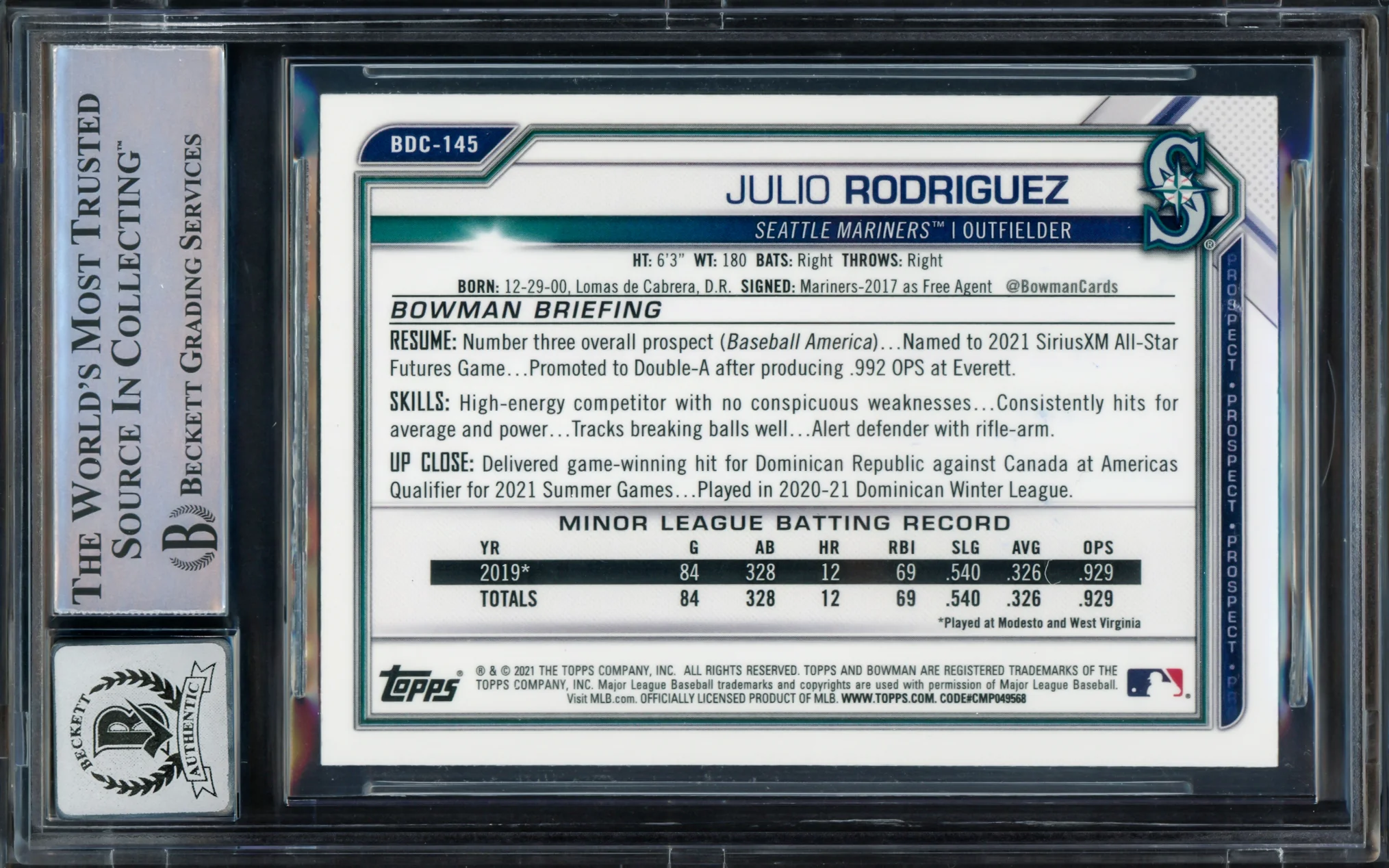 Julio Rodriguez Autographed 2021 Bowman Chrome Draft Rookie Card #BDC145 Seattle Mariners Auto Grade Gem Mint 10 Beckett BAS Stock #229015 - Image 2