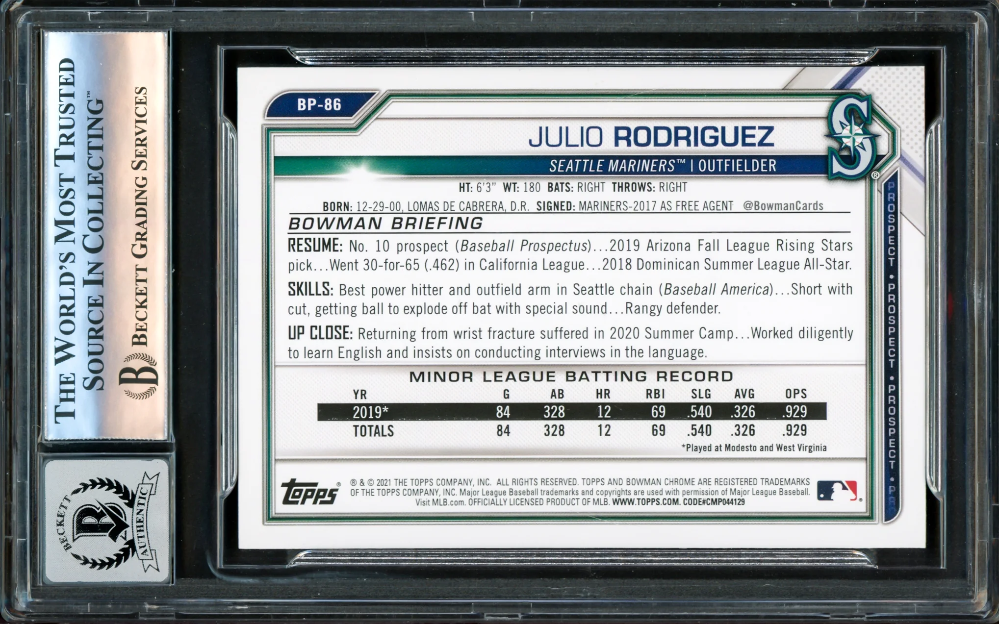Julio Rodriguez Autographed 2021 Bowman Prospects Card #BP86 Seattle Mariners Auto Grade Gem Mint 10 Beckett BAS Stock #220789 - Image 2