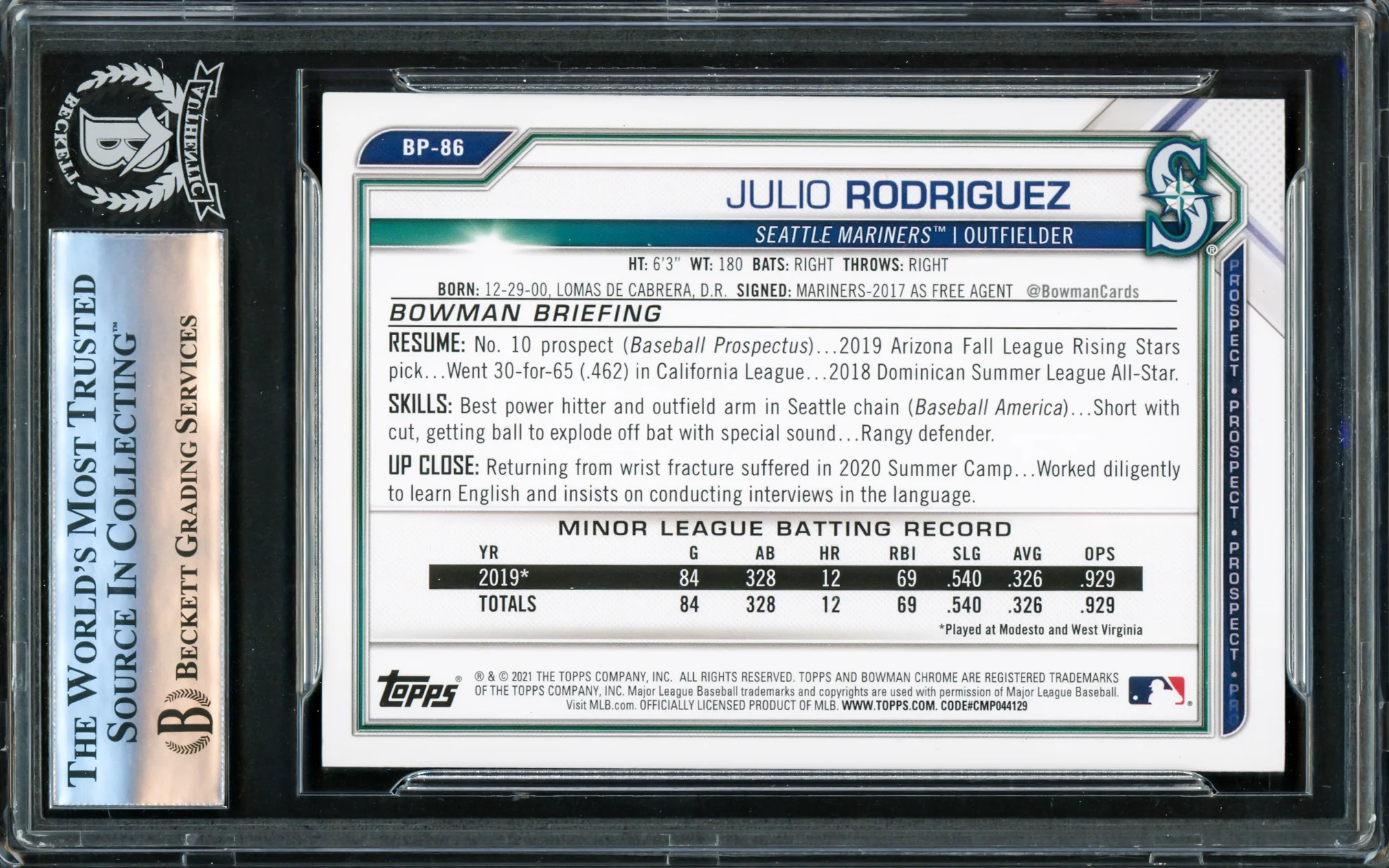 Julio Rodriguez Autographed 2021 Bowman Prospects Rookie Card #BP86 Seattle Mariners Beckett BAS Stock #221212 - Image 2
