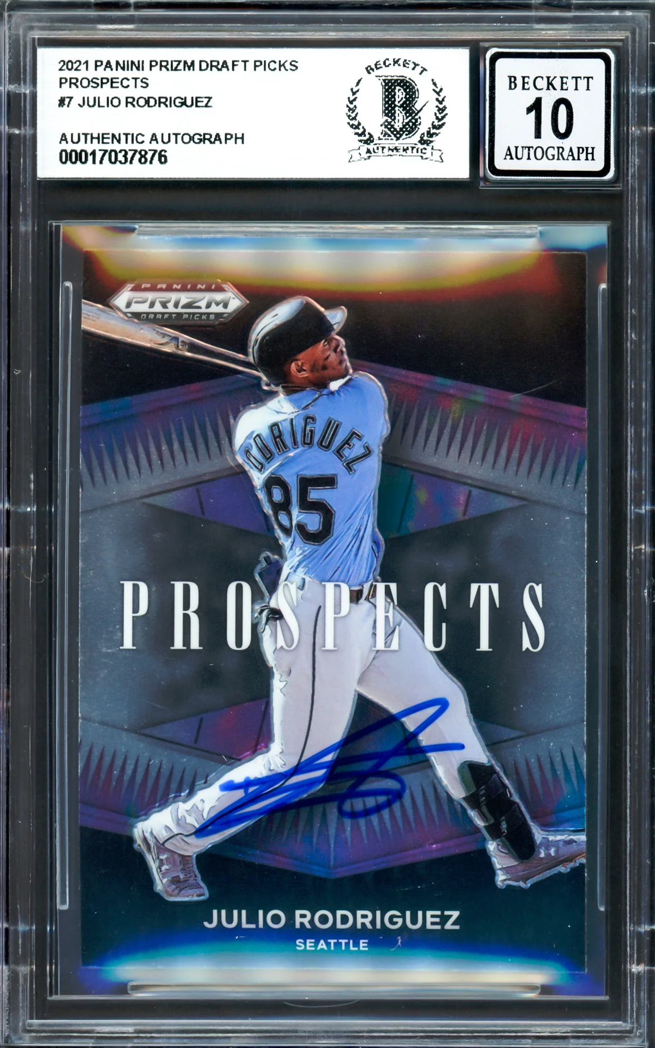 Julio Rodriguez Autographed 2021 Panini Prizm Prospects Rookie Card #P-JR Seattle Mariners Auto Grade Gem Mint 10 Beckett BAS #17037876 - Image 3