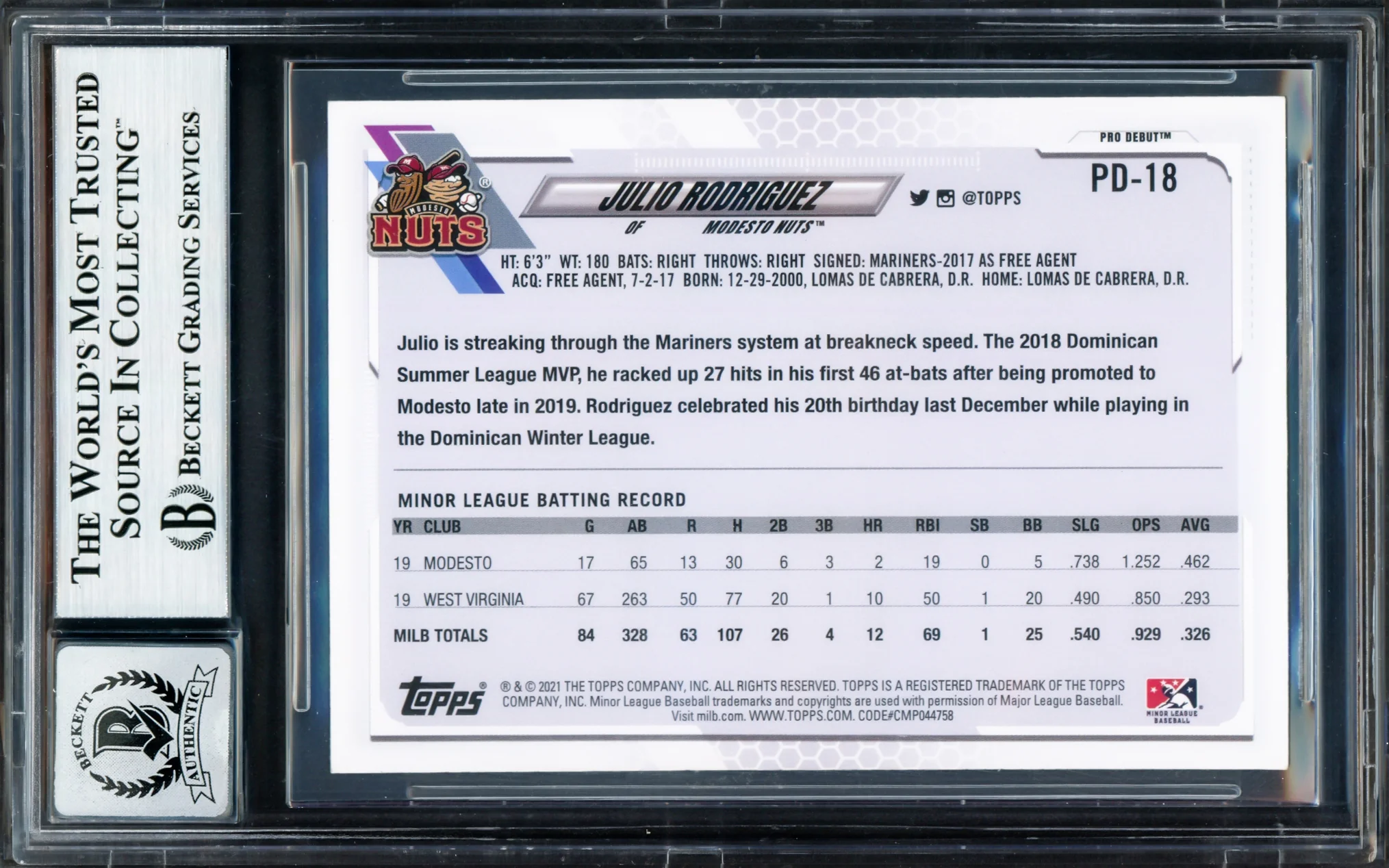 Julio Rodriguez Autographed 2021 Topps Pro Debut Rookie Card #PD18 Seattle Mariners Auto Grade Gem Mint 10 Beckett BAS #17040150 - Image 2