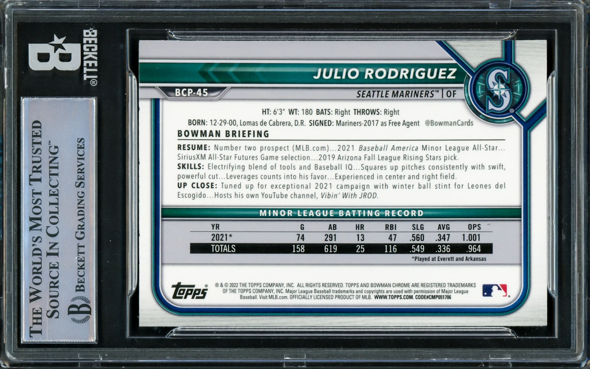 Julio Rodriguez Autographed 2022 Bowman Chrome Card #BCP45 Seattle Mariners Beckett BAS #16545730 - Image 2