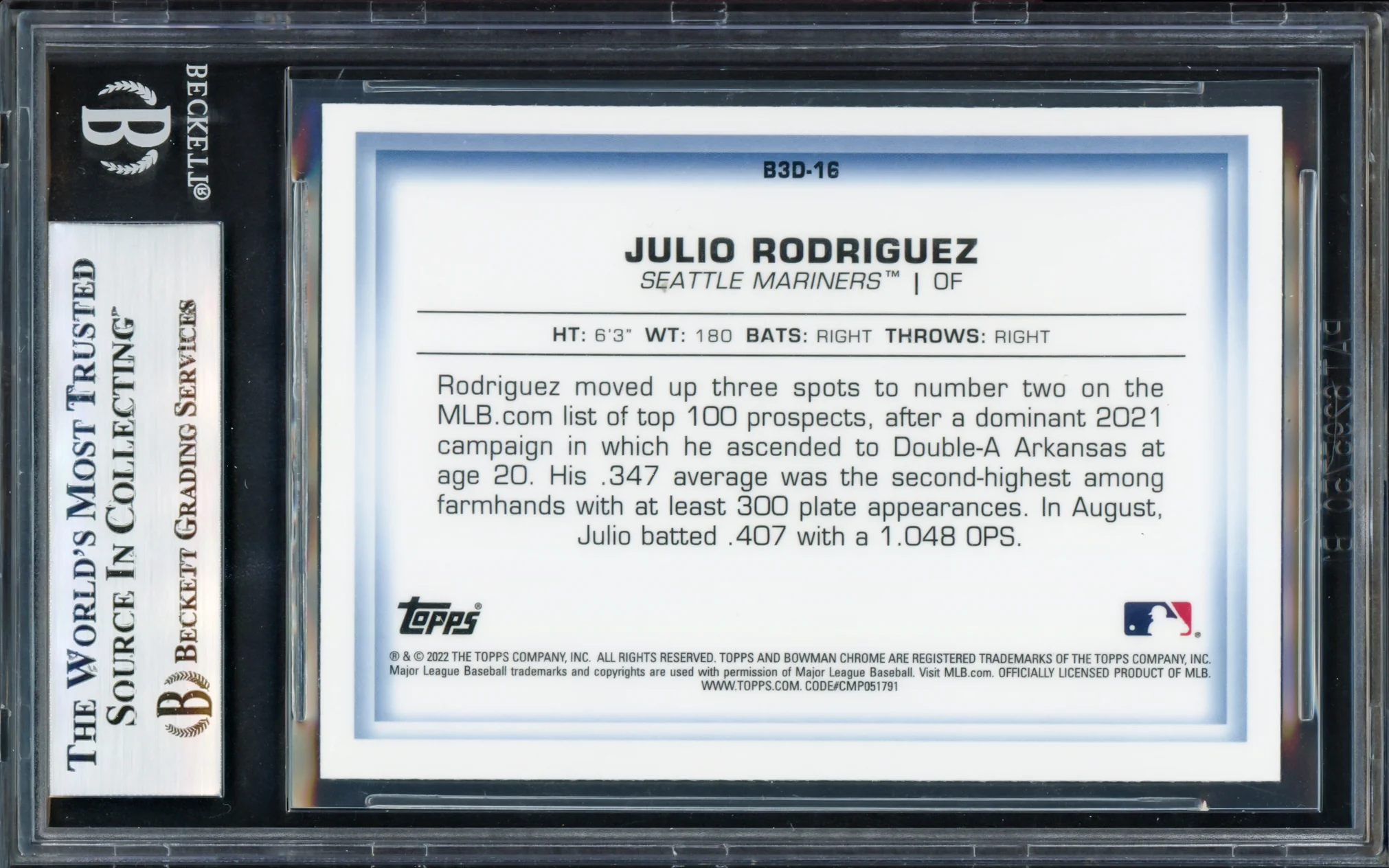 Julio Rodriguez Autographed 2022 Bowman Chrome in 3D Rookie Card #B3D-16 Seattle Mariners Beckett BAS #17069678 - Image 2