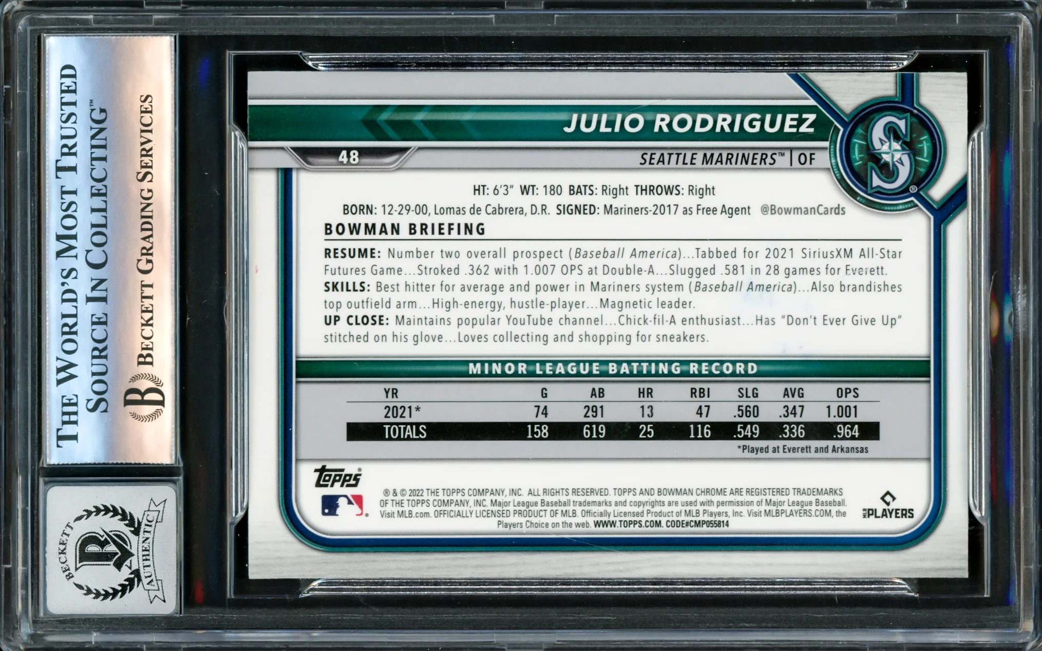 Julio Rodriguez Autographed 2022 Bowman Chrome Rookie Card #48 Seattle Mariners Auto Grade Gem Mint 10 Beckett BAS Stock #220791 - Image 2