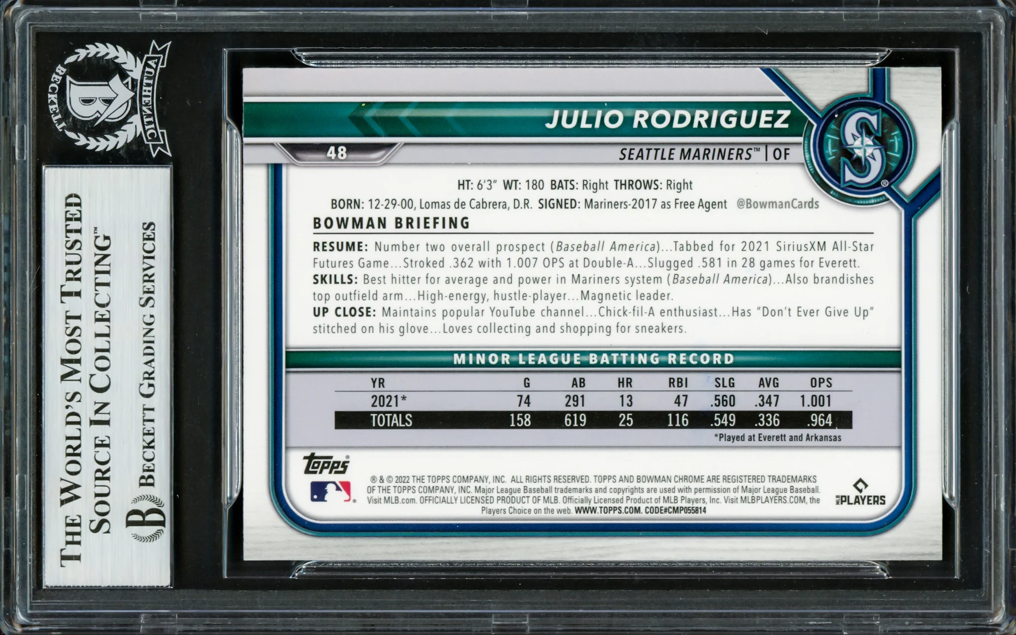 Julio Rodriguez Autographed 2022 Bowman Chrome Rookie Card #48 Seattle Mariners Beckett BAS Stock #228018 - Image 2