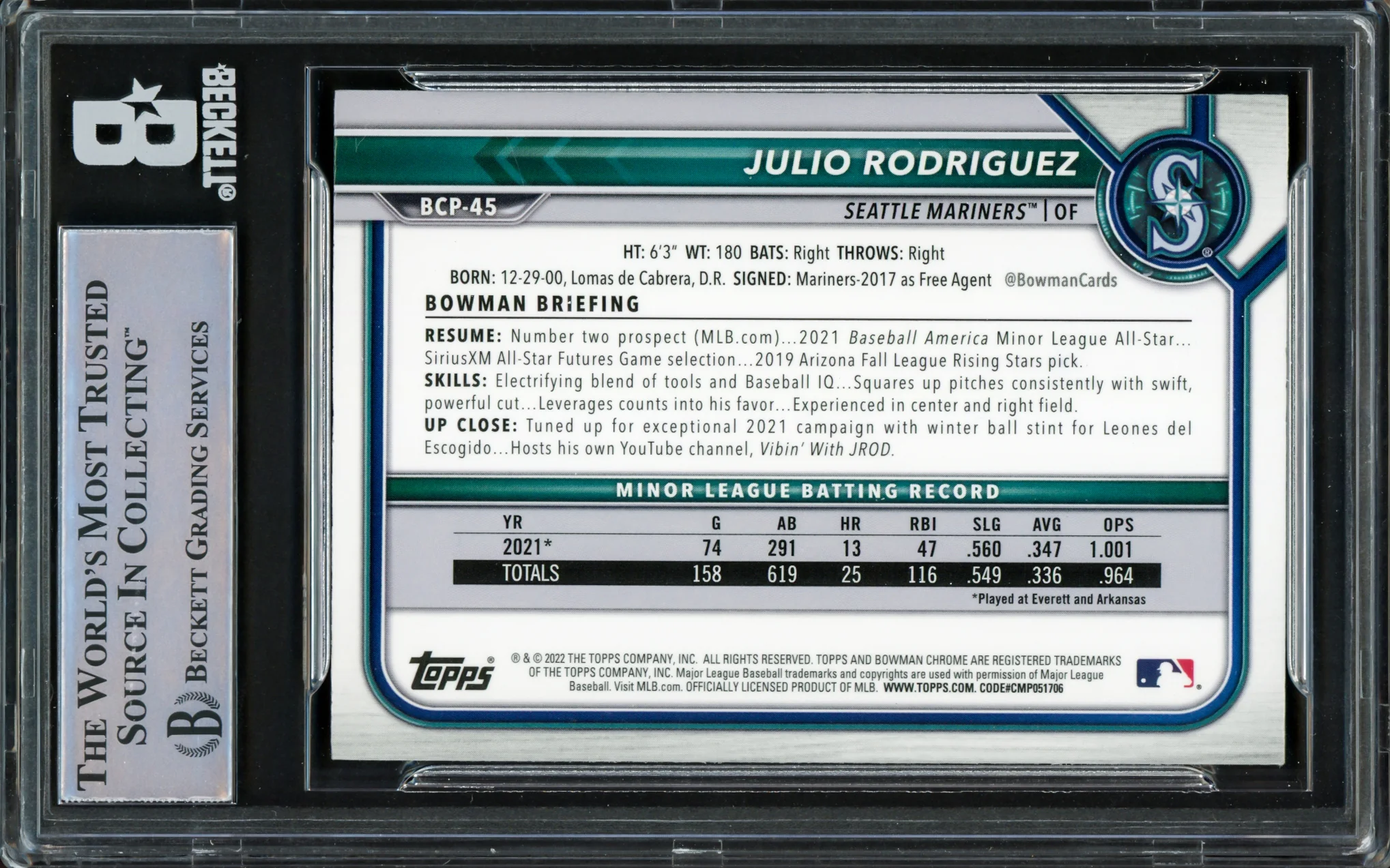 Julio Rodriguez Autographed 2022 Bowman Chrome Rookie Card #BCP45 Seattle Mariners Beckett BAS Stock #224673 - Image 2