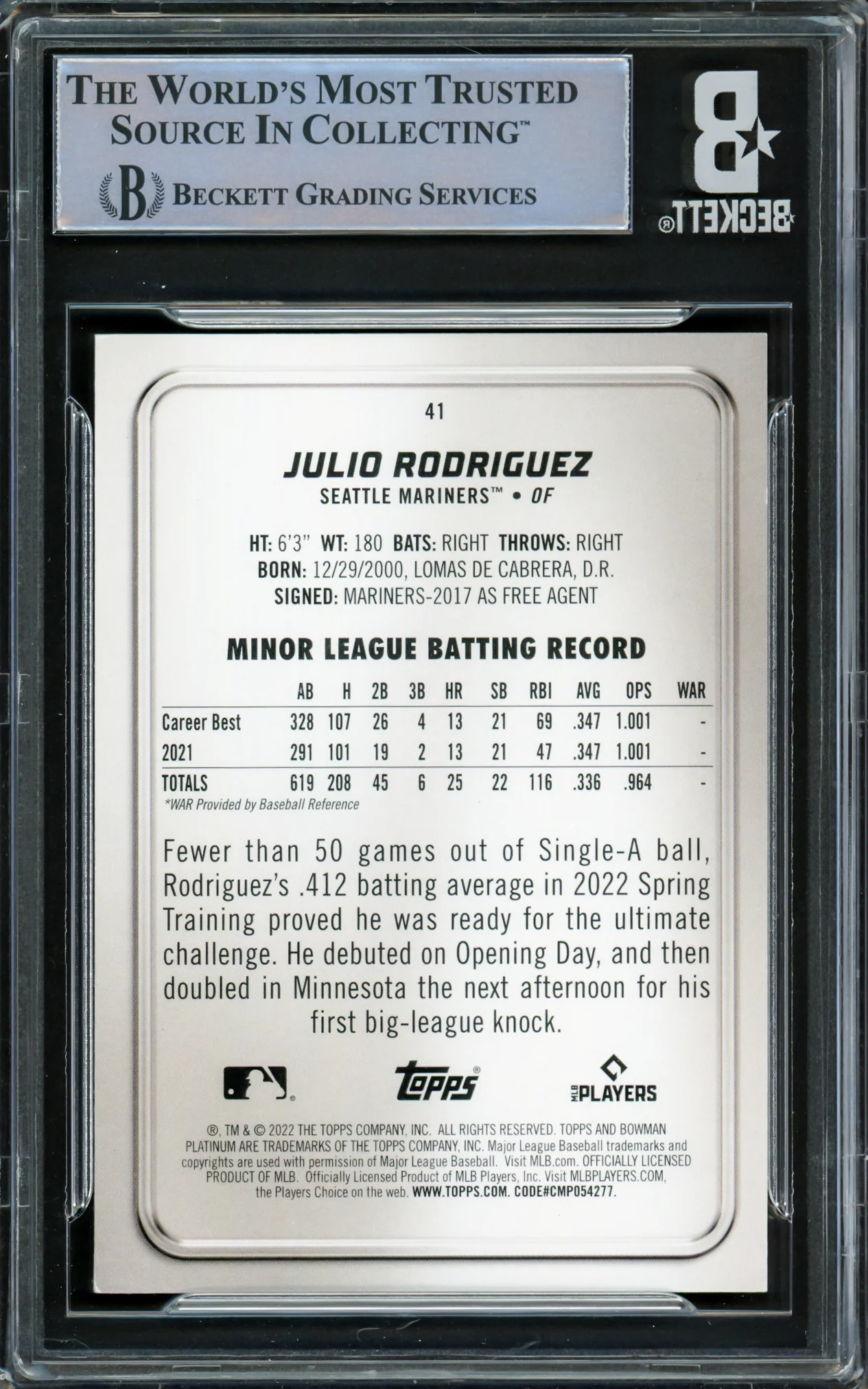 Julio Rodriguez Autographed 2022 Bowman Platinum Ice Foil Rookie Card #41 Seattle Mariners Beckett BAS #16545738 - Image 2