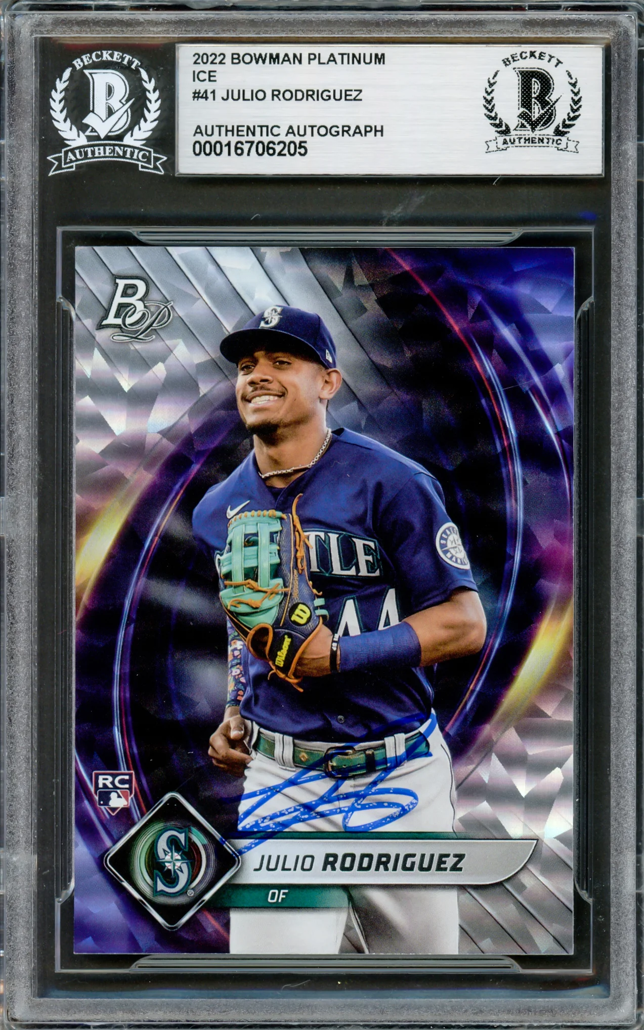 Julio Rodriguez Autographed 2022 Bowman Platinum Ice Foilboard Rookie Card #41 Seattle Mariners Beckett BAS #16706205