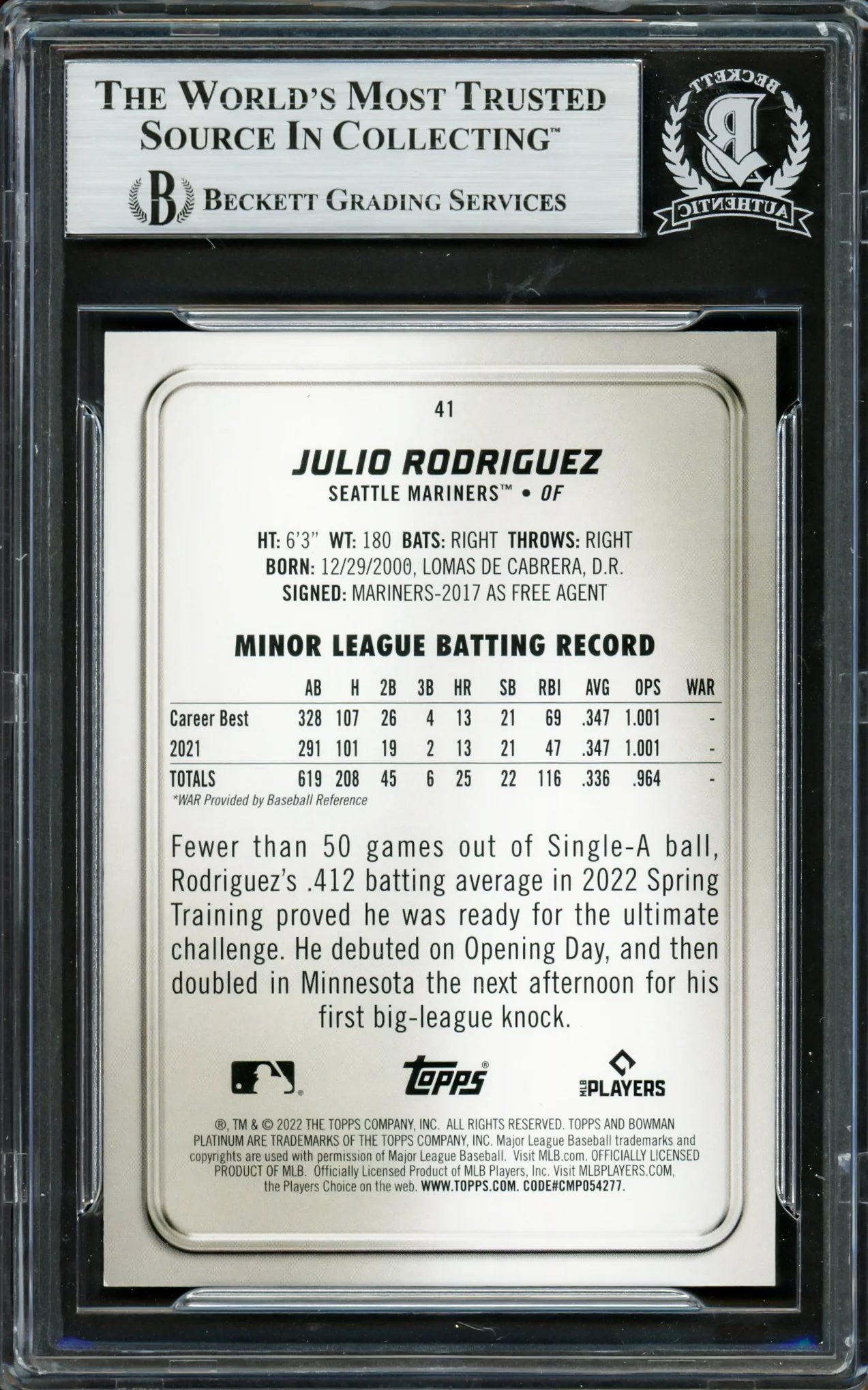 Julio Rodriguez Autographed 2022 Bowman Platinum Ice Foilboard Rookie Card #41 Seattle Mariners Beckett BAS #16706205 - Image 2